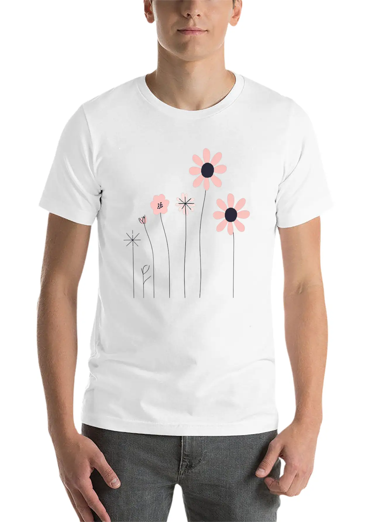 Minimalist Hand-Drawn Floral Line Art Design Unisex Short Sleeve Soft Cotton T-Shirt – Casual Everyday Wear