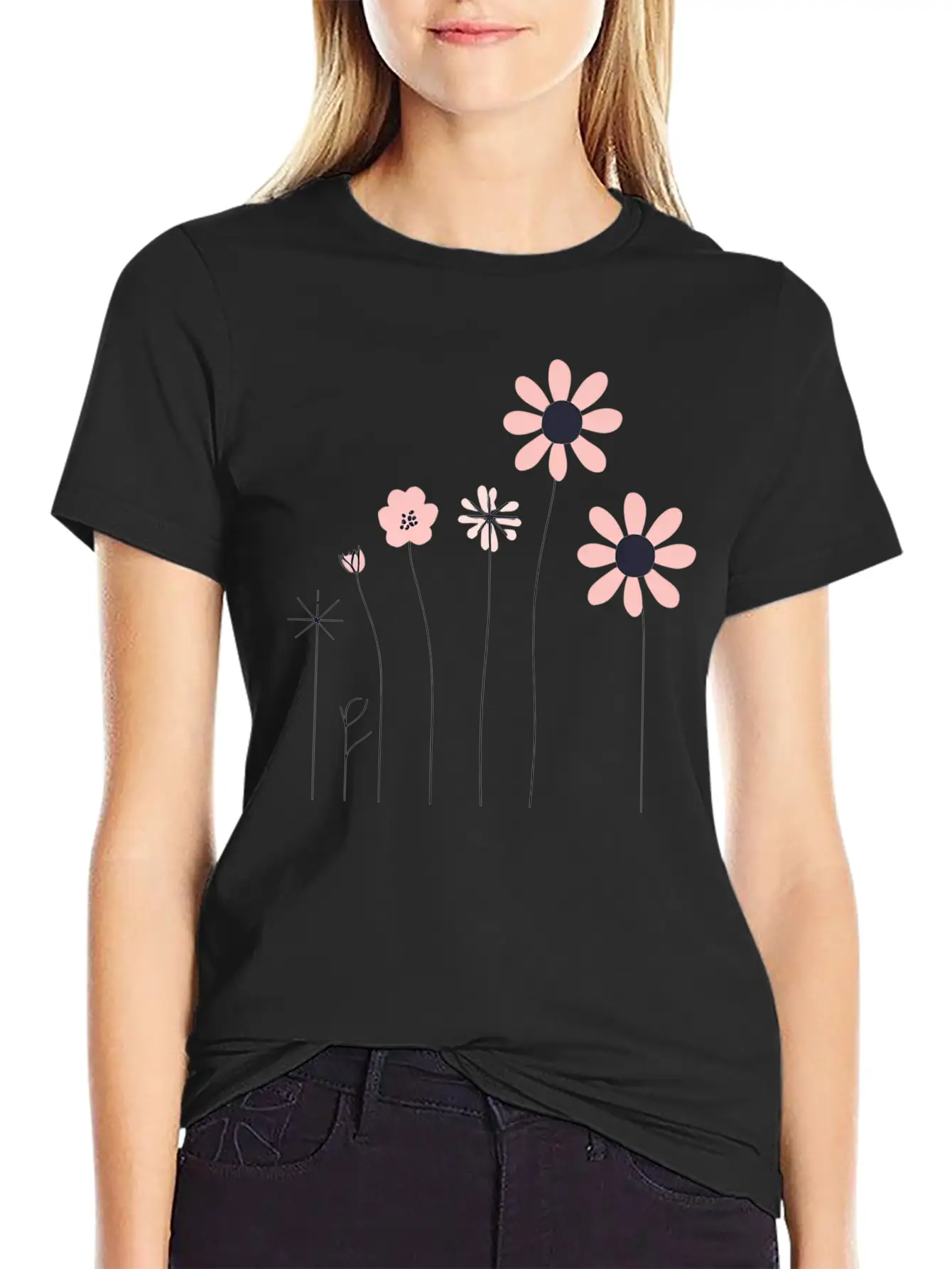 Minimalist Hand-Drawn Floral Line Art Design Unisex Short Sleeve Soft Cotton T-Shirt – Casual Everyday Wear