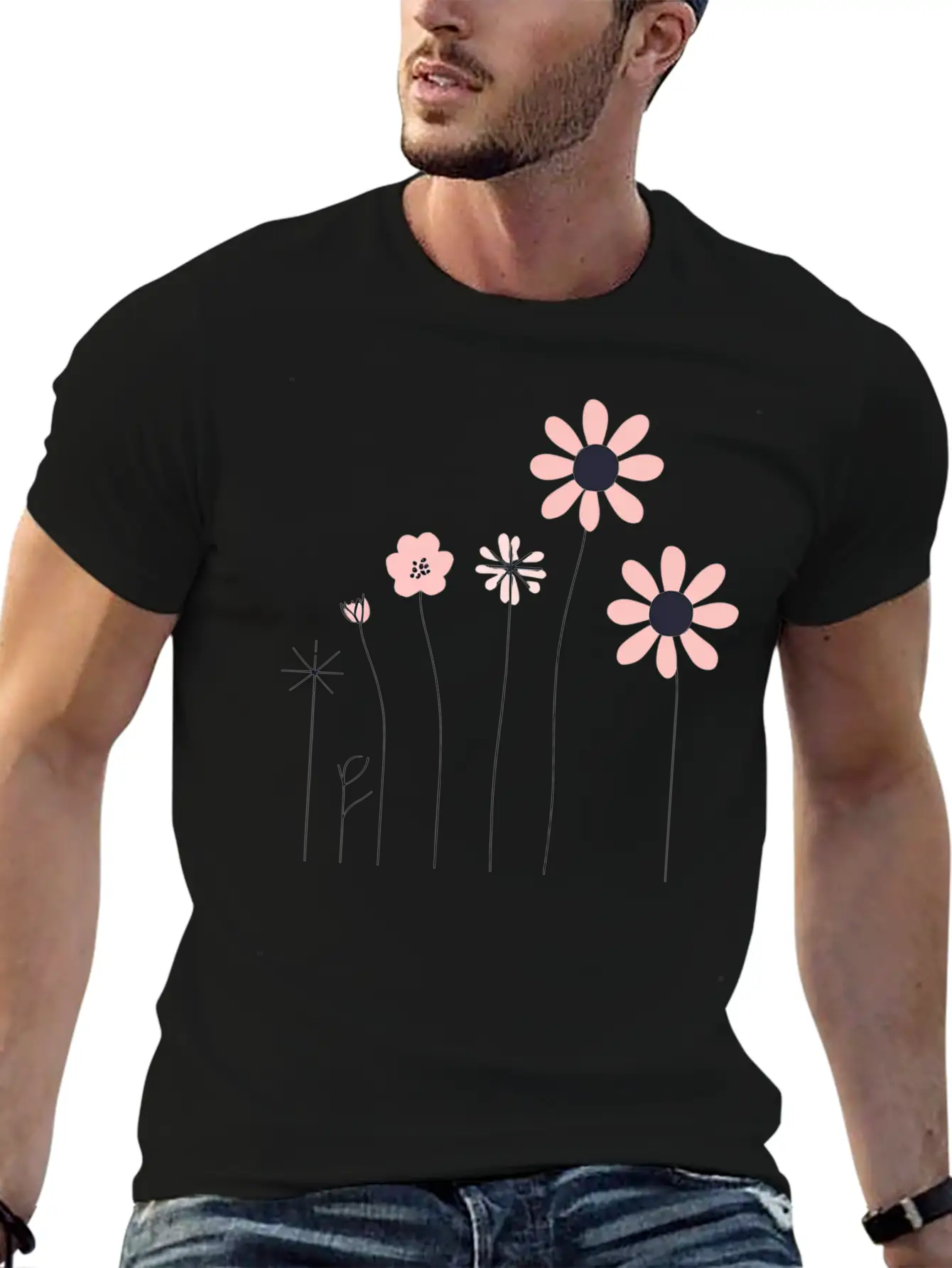 Minimalist Hand-Drawn Floral Line Art Design Unisex Short Sleeve Soft Cotton T-Shirt – Casual Everyday Wear