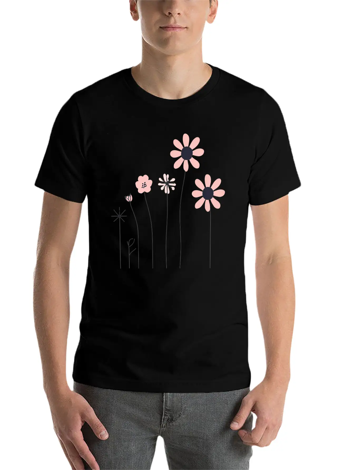 Minimalist Hand-Drawn Floral Line Art Design Unisex Short Sleeve Soft Cotton T-Shirt – Casual Everyday Wear