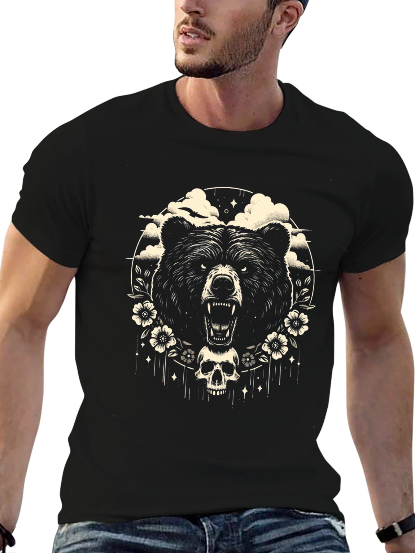 Bear & Skull Graphic Tee - Edgy Black T-Shirt