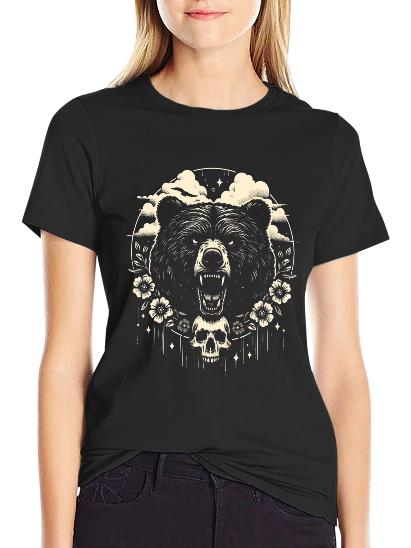 Bear & Skull Graphic Tee - Edgy Black T-Shirt