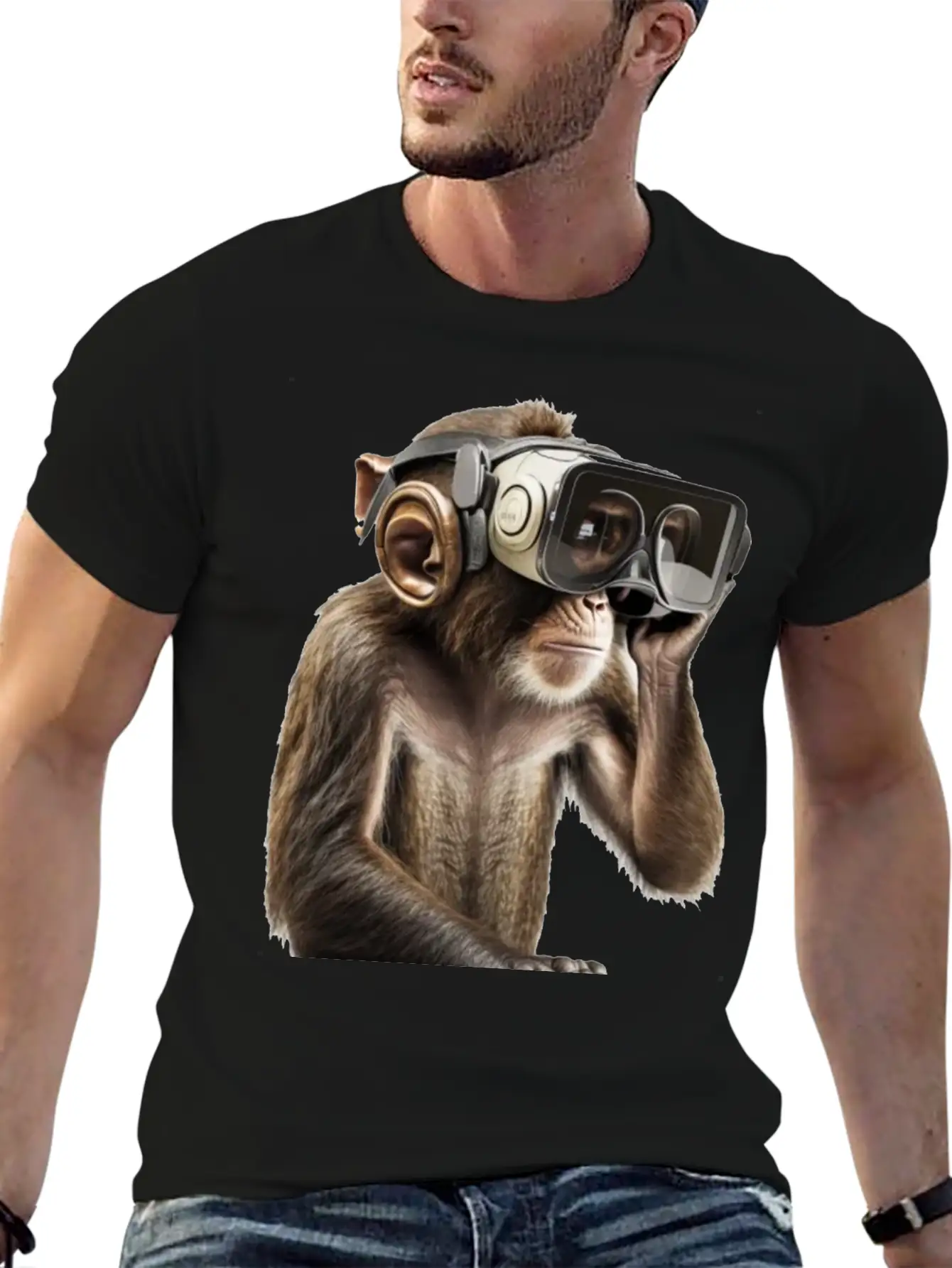 Monksy - Monkey With VR Virtual Reality Goggles Stylish Everyday T-Shirt – Unisex Basic Cotton Tee