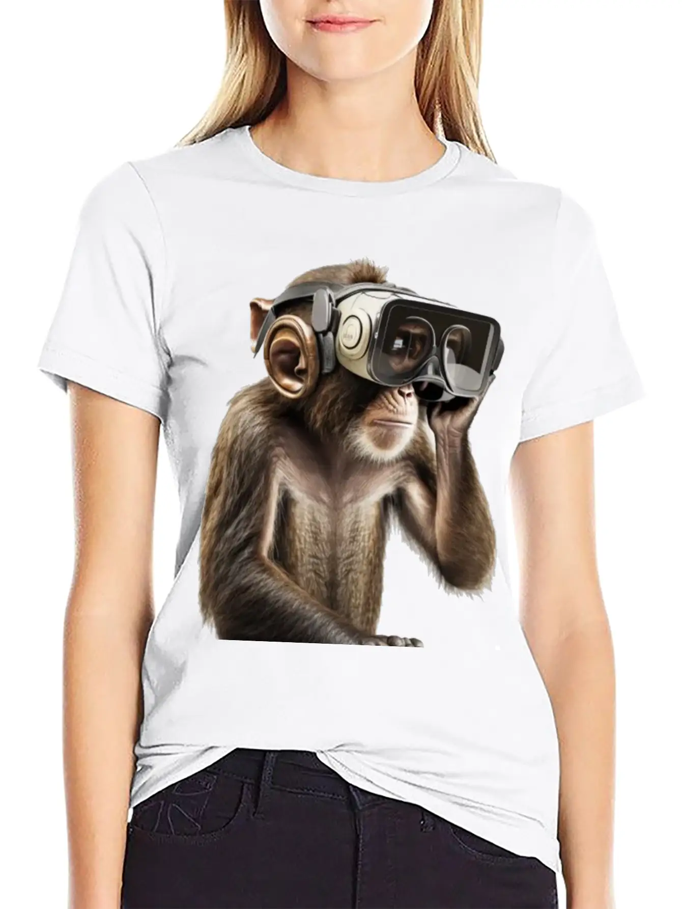 Monksy - Monkey With VR Virtual Reality Goggles Stylish Everyday T-Shirt – Unisex Basic Cotton Tee