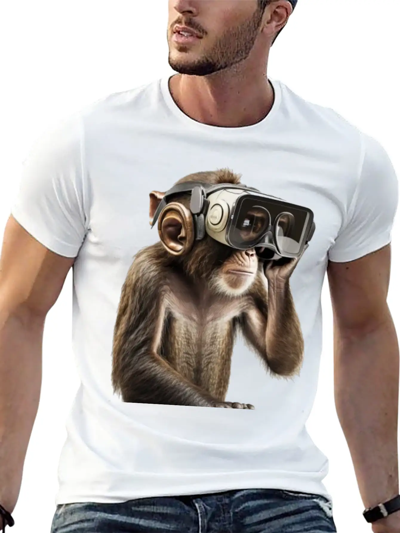 Monksy - Monkey With VR Virtual Reality Goggles Stylish Everyday T-Shirt – Unisex Basic Cotton Tee