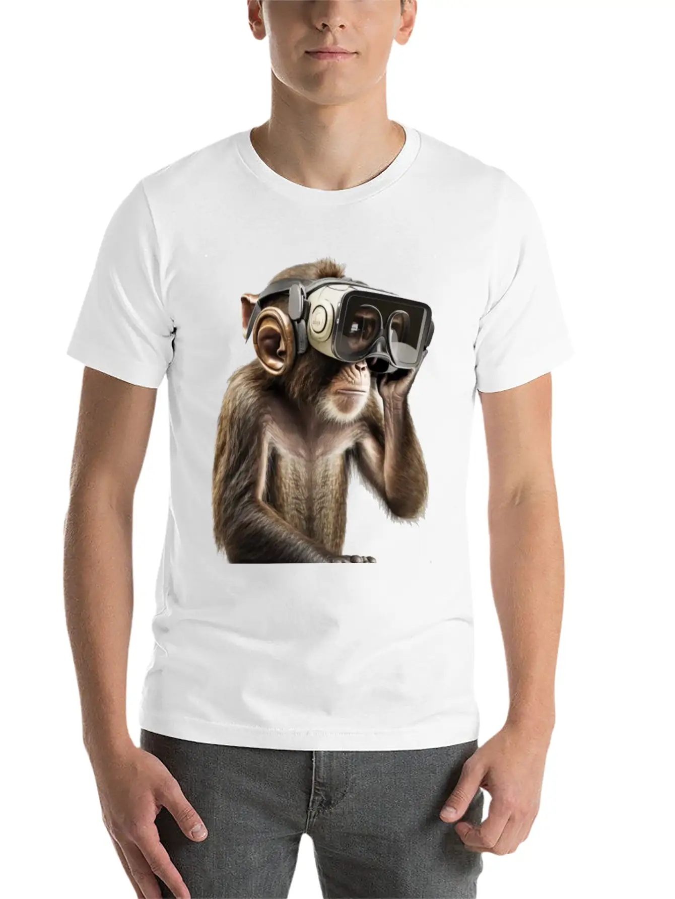 Monksy - Monkey With VR Virtual Reality Goggles Stylish Everyday T-Shirt – Unisex Basic Cotton Tee
