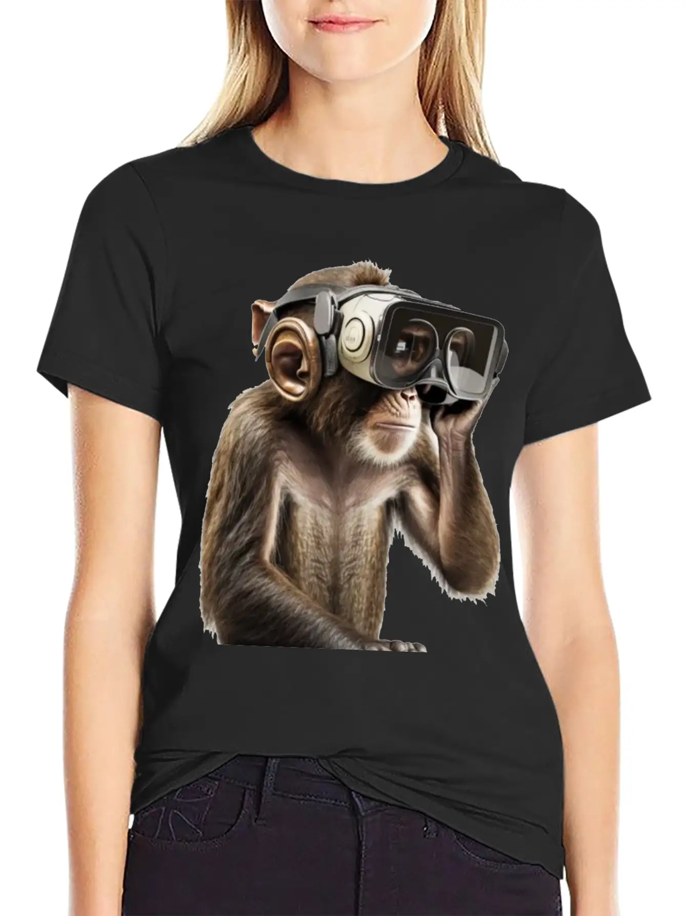 Monksy - Monkey With VR Virtual Reality Goggles Stylish Everyday T-Shirt – Unisex Basic Cotton Tee