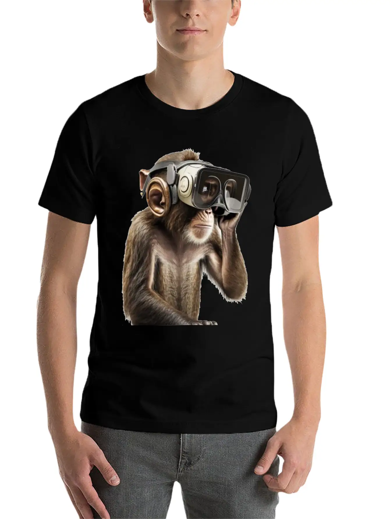Monksy - Monkey With VR Virtual Reality Goggles Stylish Everyday T-Shirt – Unisex Basic Cotton Tee