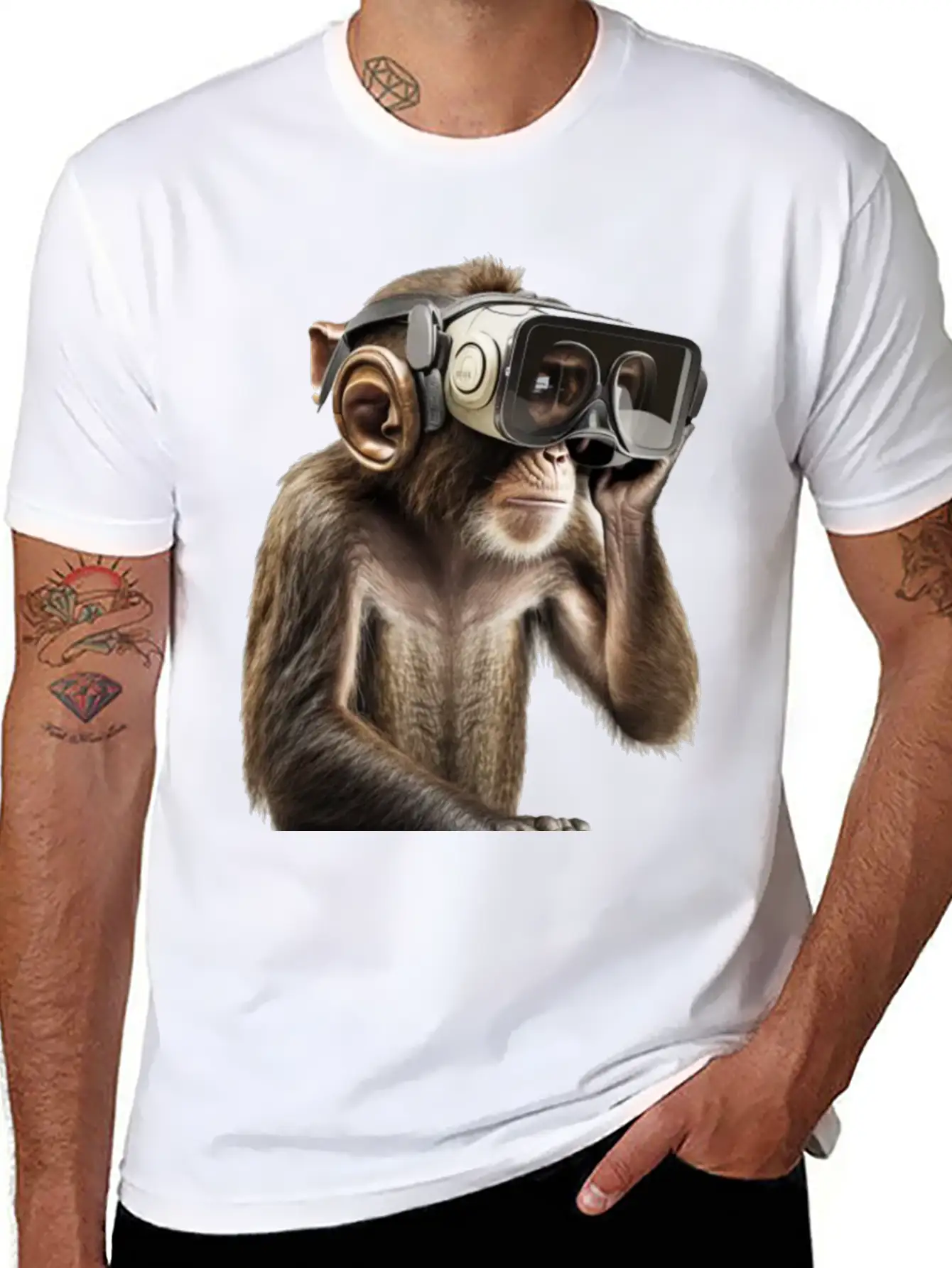 Monksy - Monkey With VR Virtual Reality Goggles Stylish Everyday T-Shirt – Unisex Basic Cotton Tee