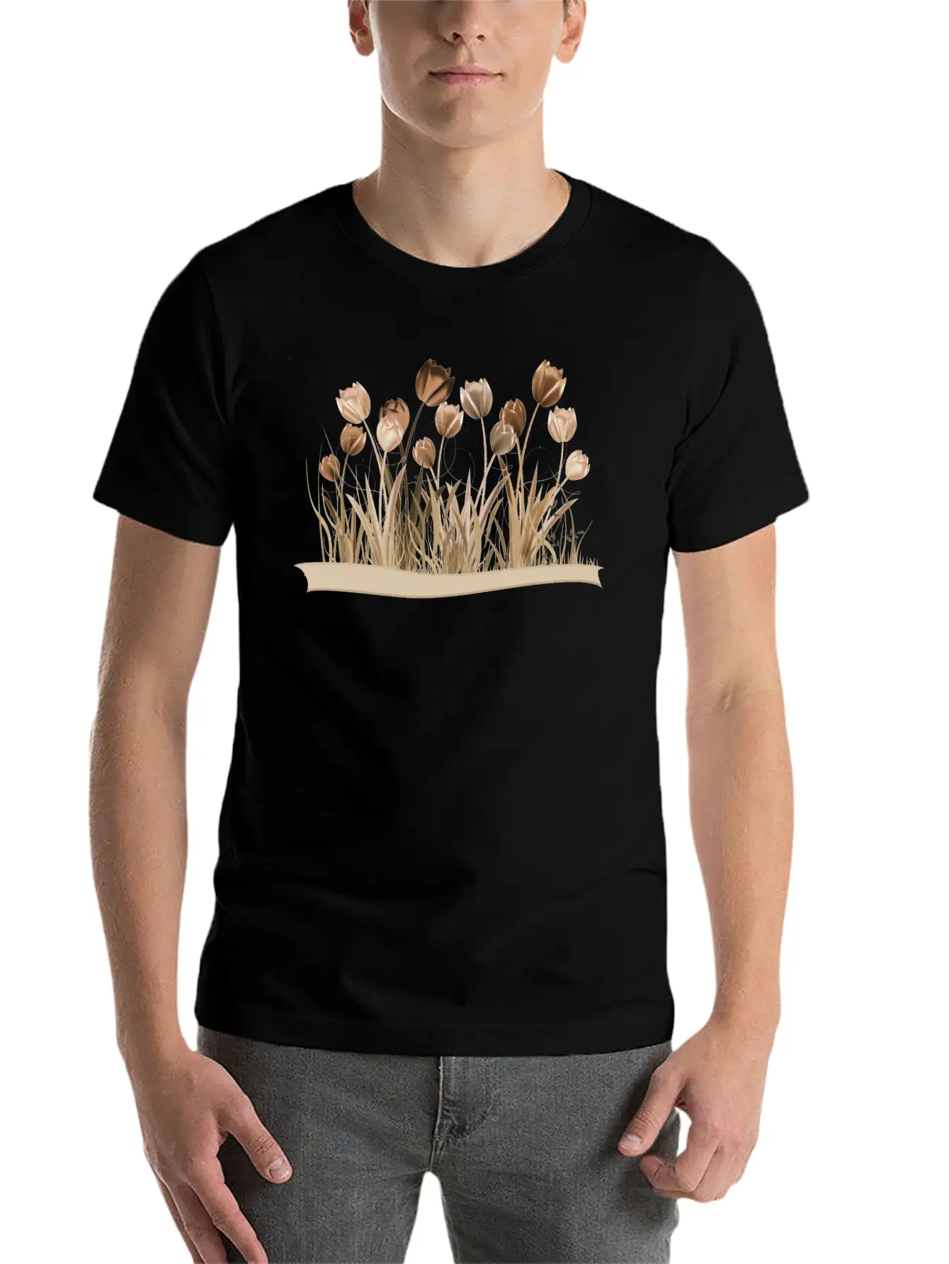 Monochrome Tulips On Spring Meadow In Sepia Stylish Everyday T-Shirt – Unisex Basic Cotton Tee