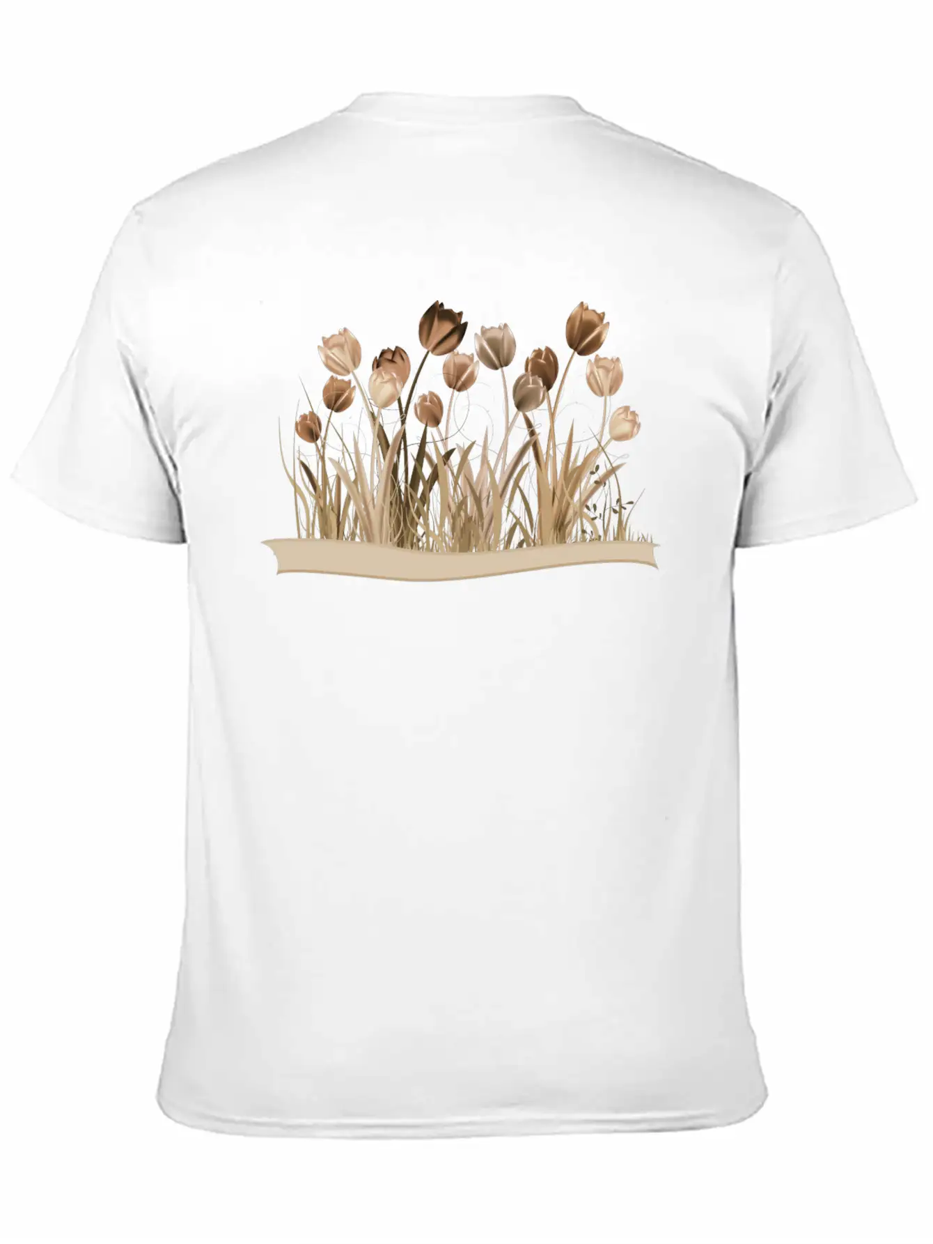 Monochrome Tulips On Spring Meadow In Sepia Stylish Everyday T-Shirt – Unisex Basic Cotton Tee