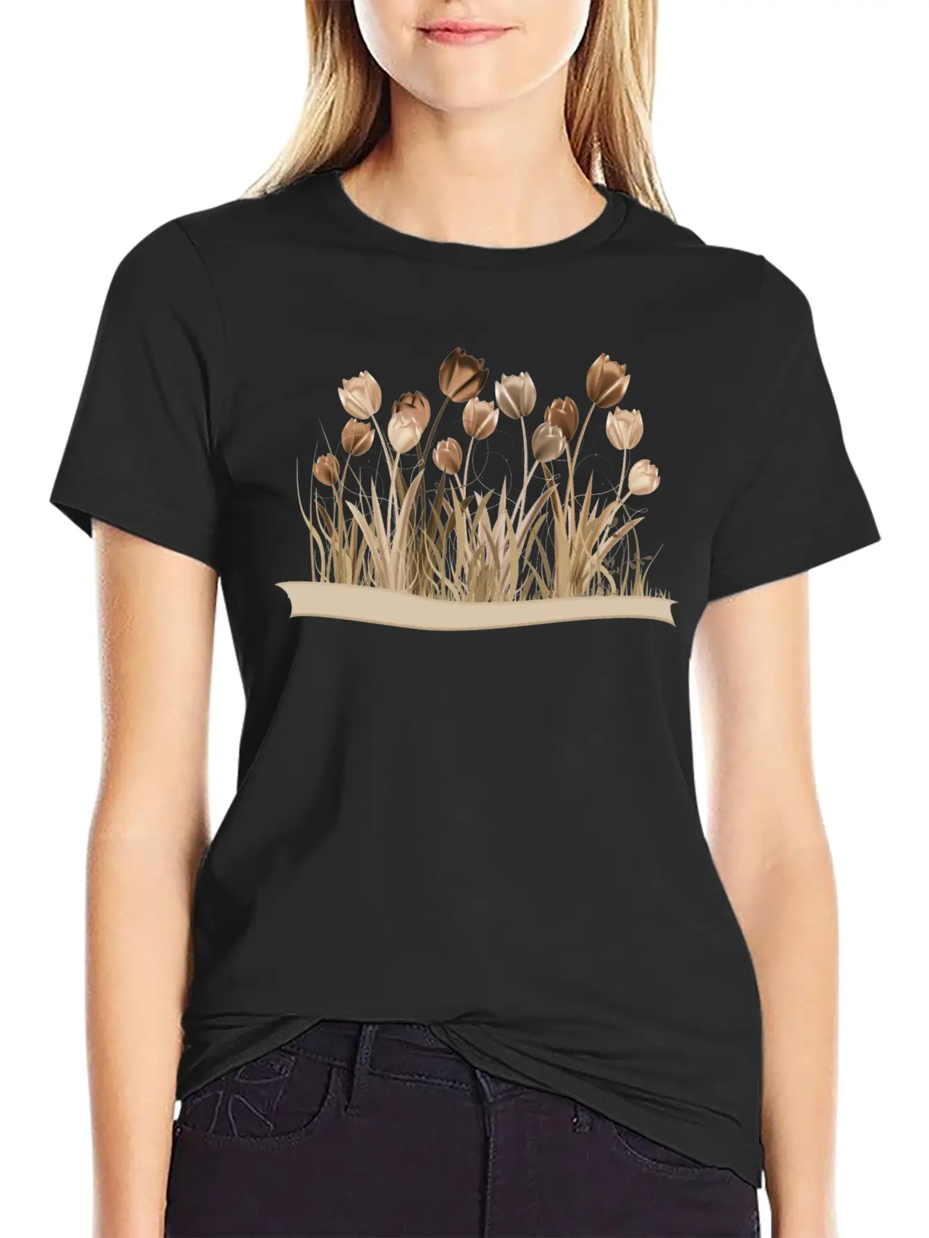 Monochrome Tulips On Spring Meadow In Sepia Stylish Everyday T-Shirt – Unisex Basic Cotton Tee