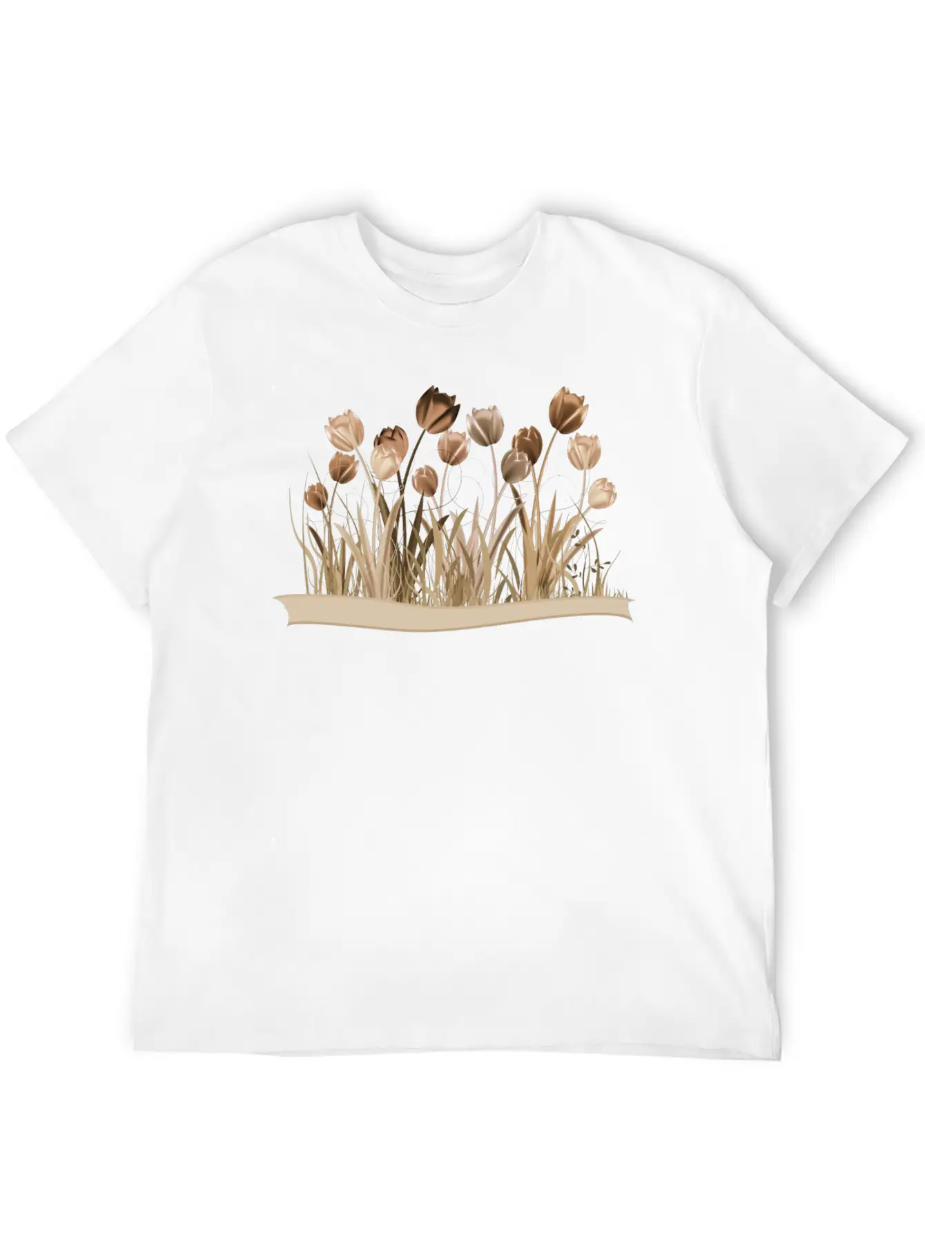 Monochrome Tulips On Spring Meadow In Sepia Stylish Everyday T-Shirt – Unisex Basic Cotton Tee