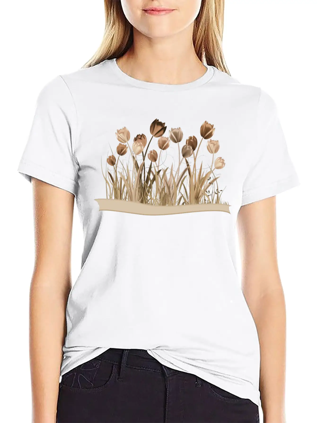 Monochrome Tulips On Spring Meadow In Sepia Stylish Everyday T-Shirt – Unisex Basic Cotton Tee