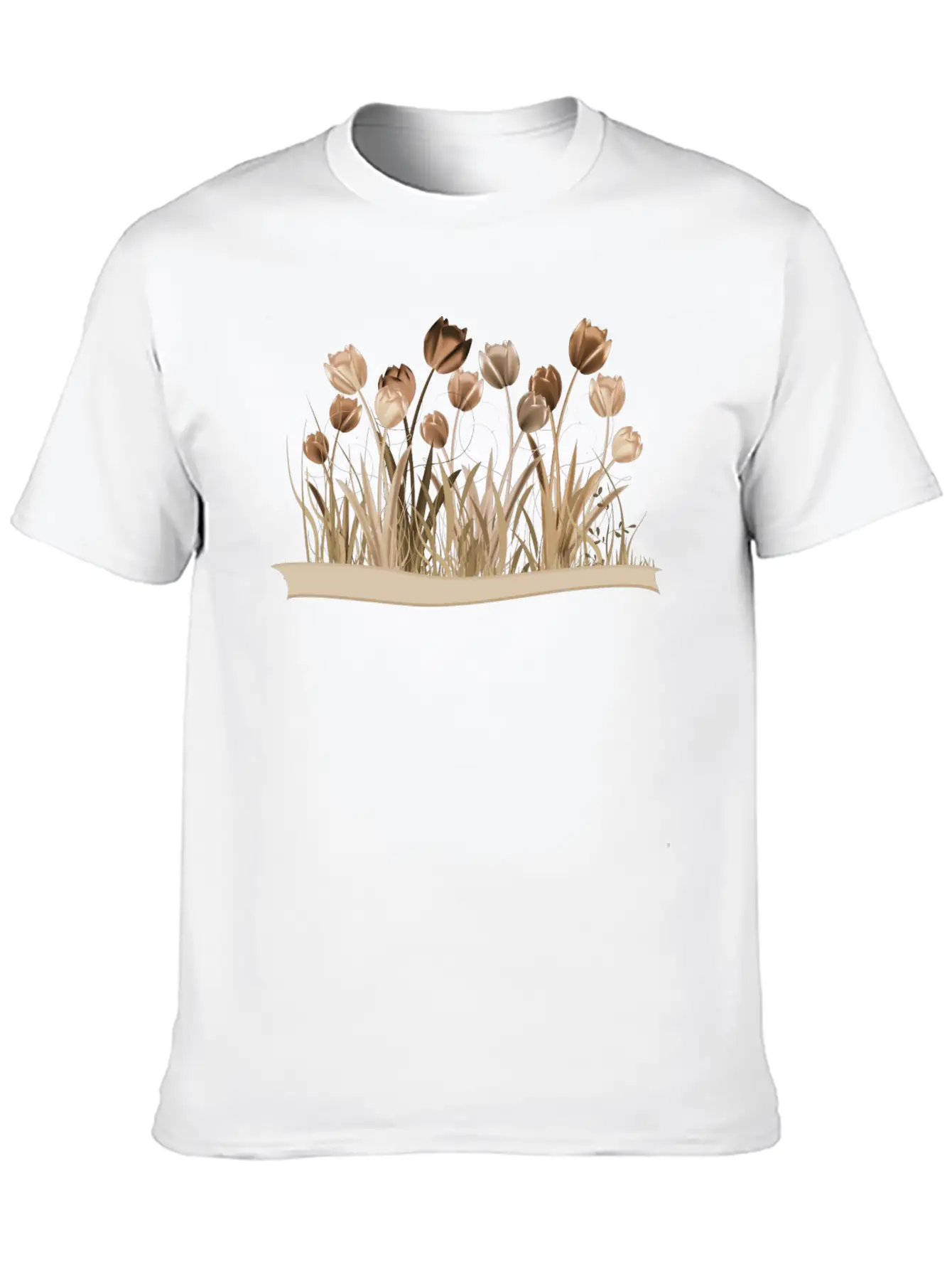 Monochrome Tulips On Spring Meadow In Sepia Stylish Everyday T-Shirt – Unisex Basic Cotton Tee