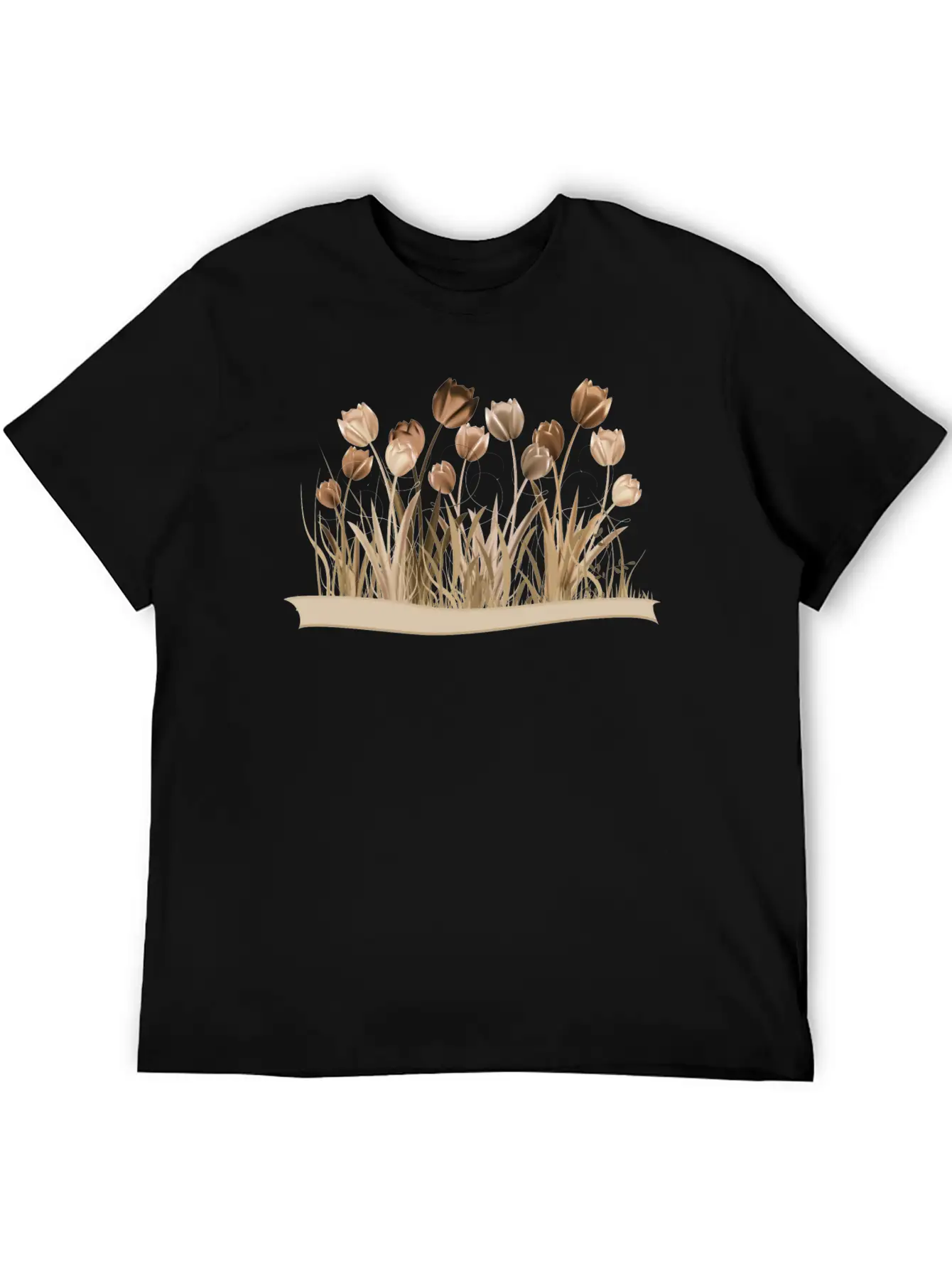 Monochrome Tulips On Spring Meadow In Sepia Stylish Everyday T-Shirt – Unisex Basic Cotton Tee