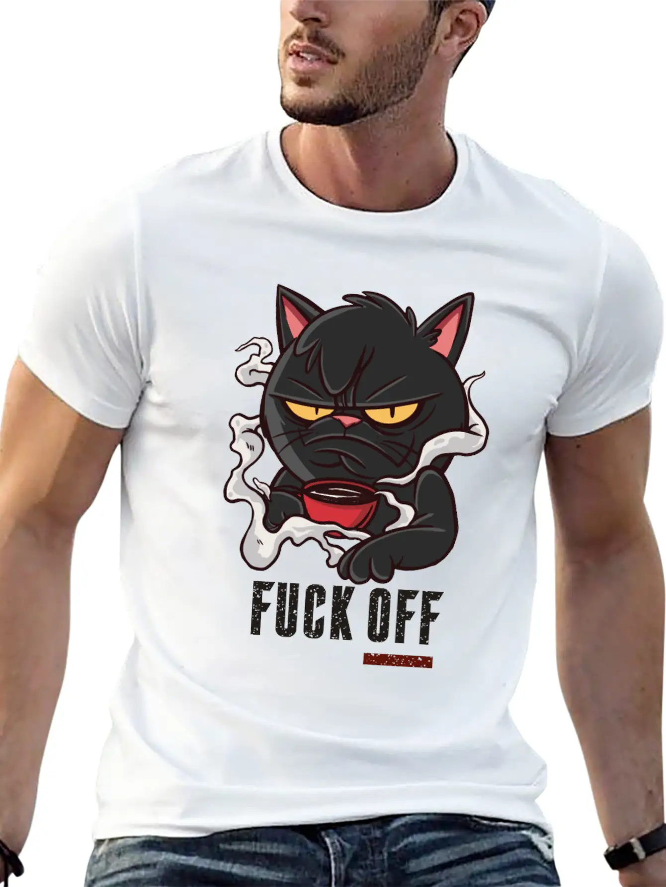 MOODY CAT MORNING COFFEE Unisex Short Sleeve Soft Cotton T-Shirt – Casual Everyday Wear
