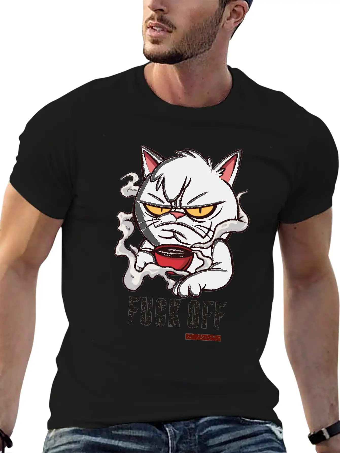 MOODY CAT MORNING COFFEE Unisex Short Sleeve Soft Cotton T-Shirt – Casual Everyday Wear