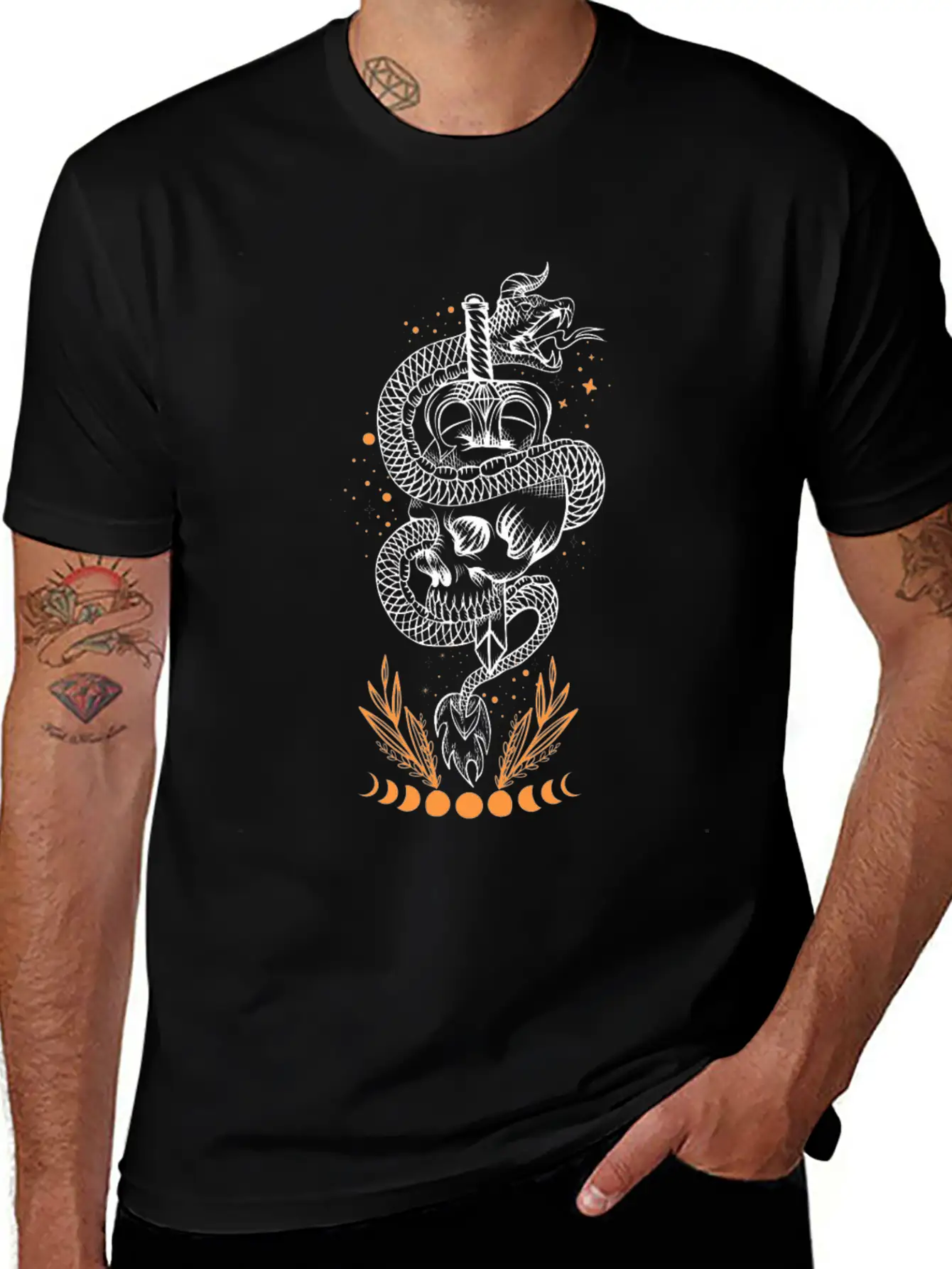 Moon Phases Snake Skull Sword Occult Essential Unisex Summer Tee – Soft Cotton Casual Fit