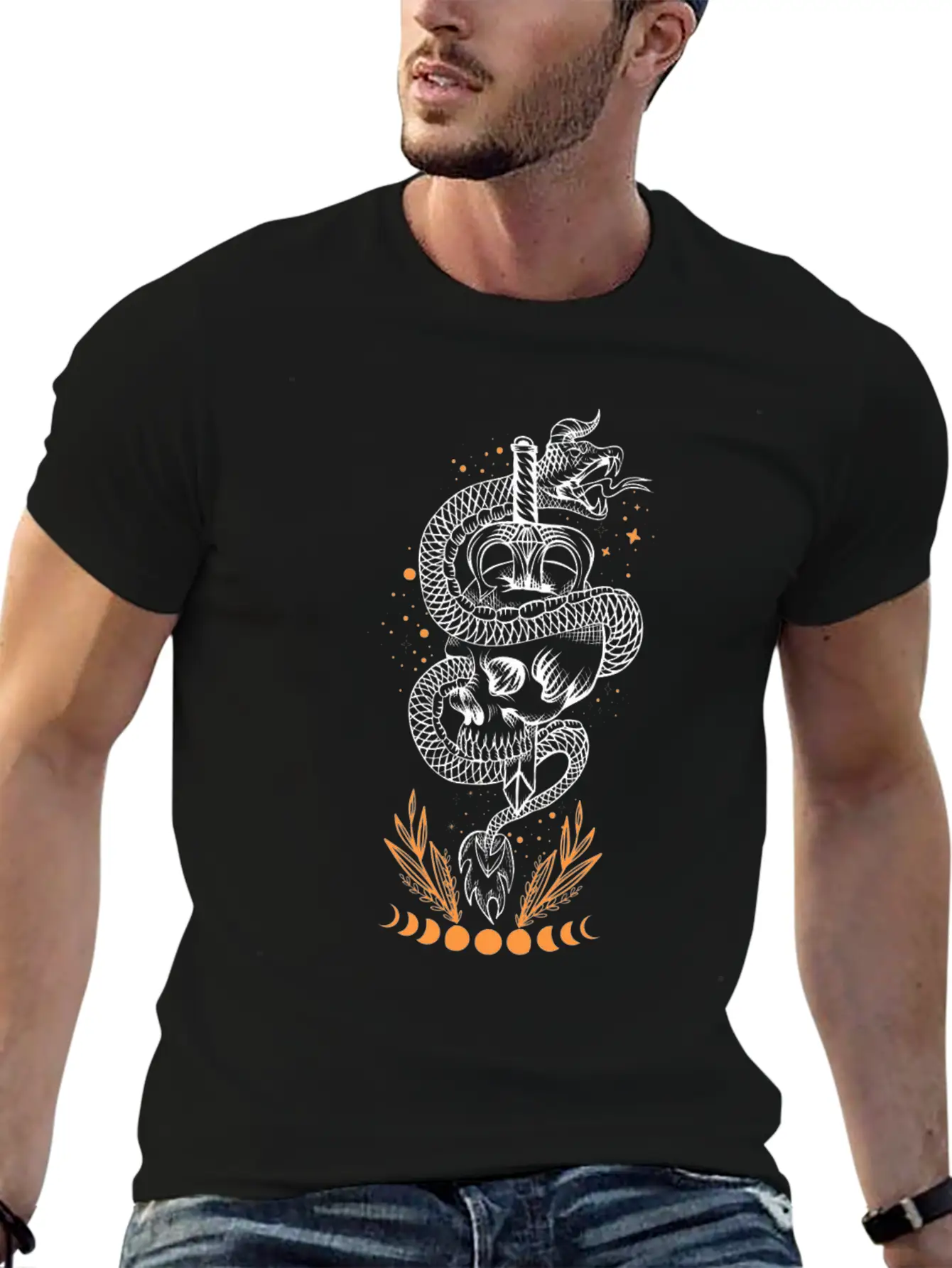 Moon Phases Snake Skull Sword Occult Essential Unisex Summer Tee – Soft Cotton Casual Fit