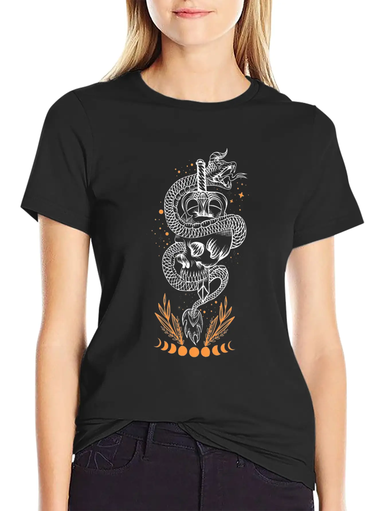 Moon Phases Snake Skull Sword Occult Essential Unisex Summer Tee – Soft Cotton Casual Fit