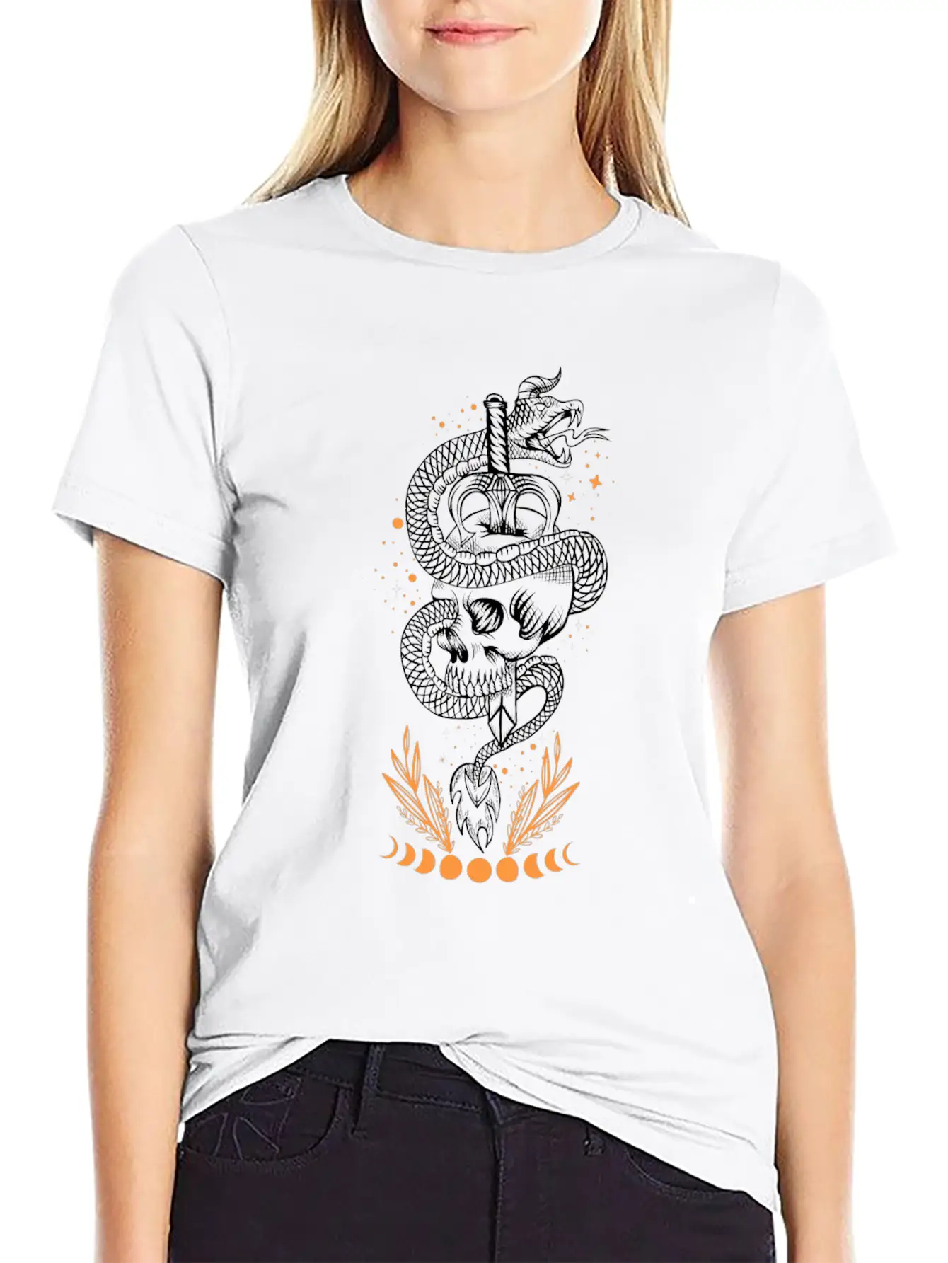 Moon Phases Snake Skull Sword Occult Essential Unisex Summer Tee – Soft Cotton Casual Fit