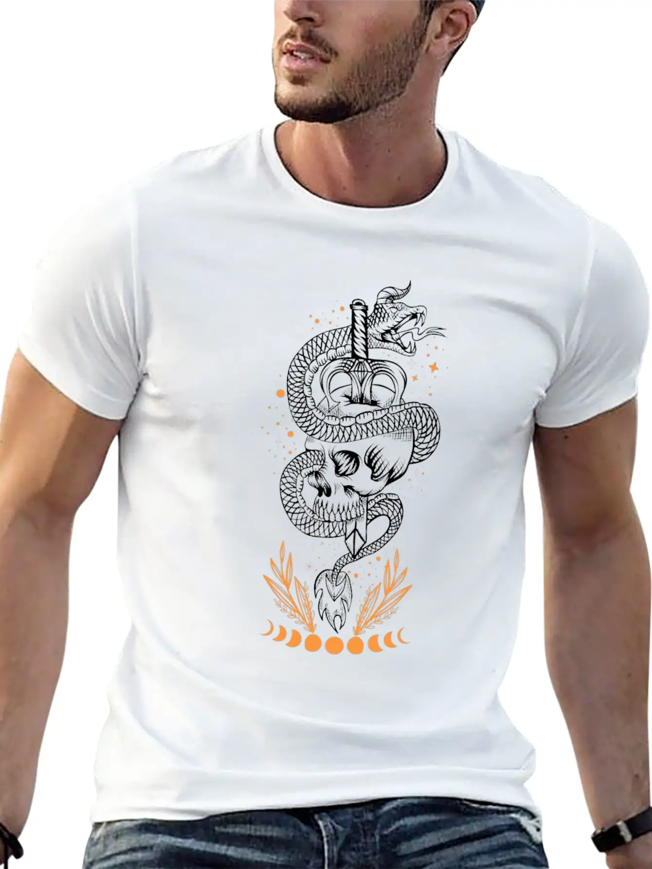 Moon Phases Snake Skull Sword Occult Essential Unisex Summer Tee – Soft Cotton Casual Fit
