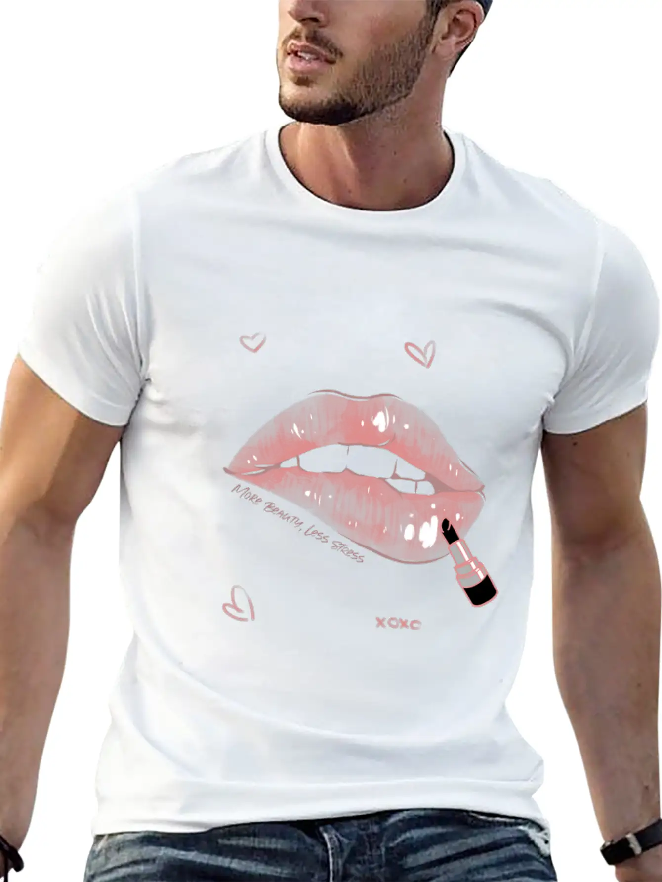More Beauty, Less Stress Lip Design Unisex Short Sleeve Soft Cotton T-Shirt – Casual Everyday Wear