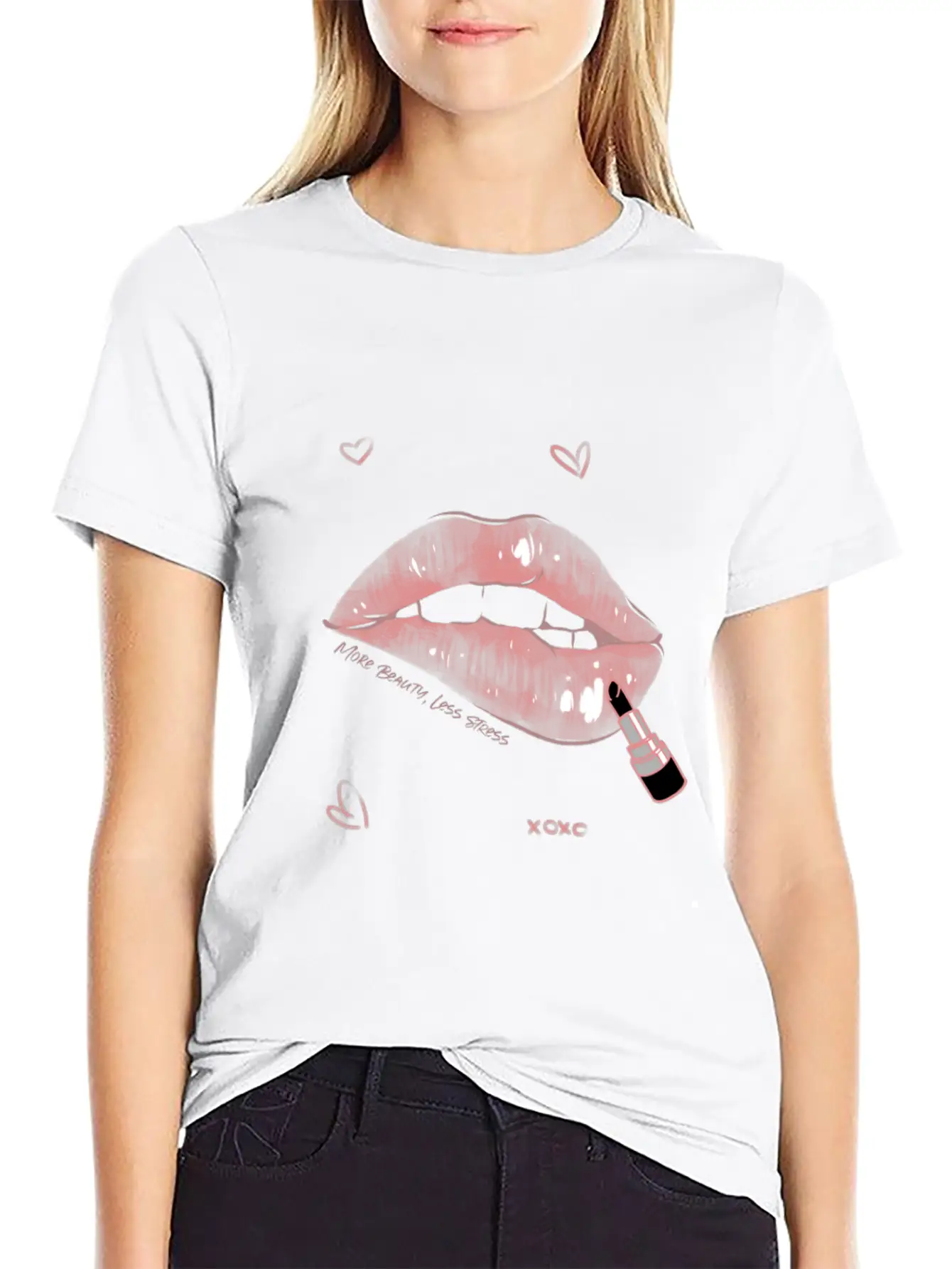 More Beauty, Less Stress Lip Design Unisex Short Sleeve Soft Cotton T-Shirt – Casual Everyday Wear