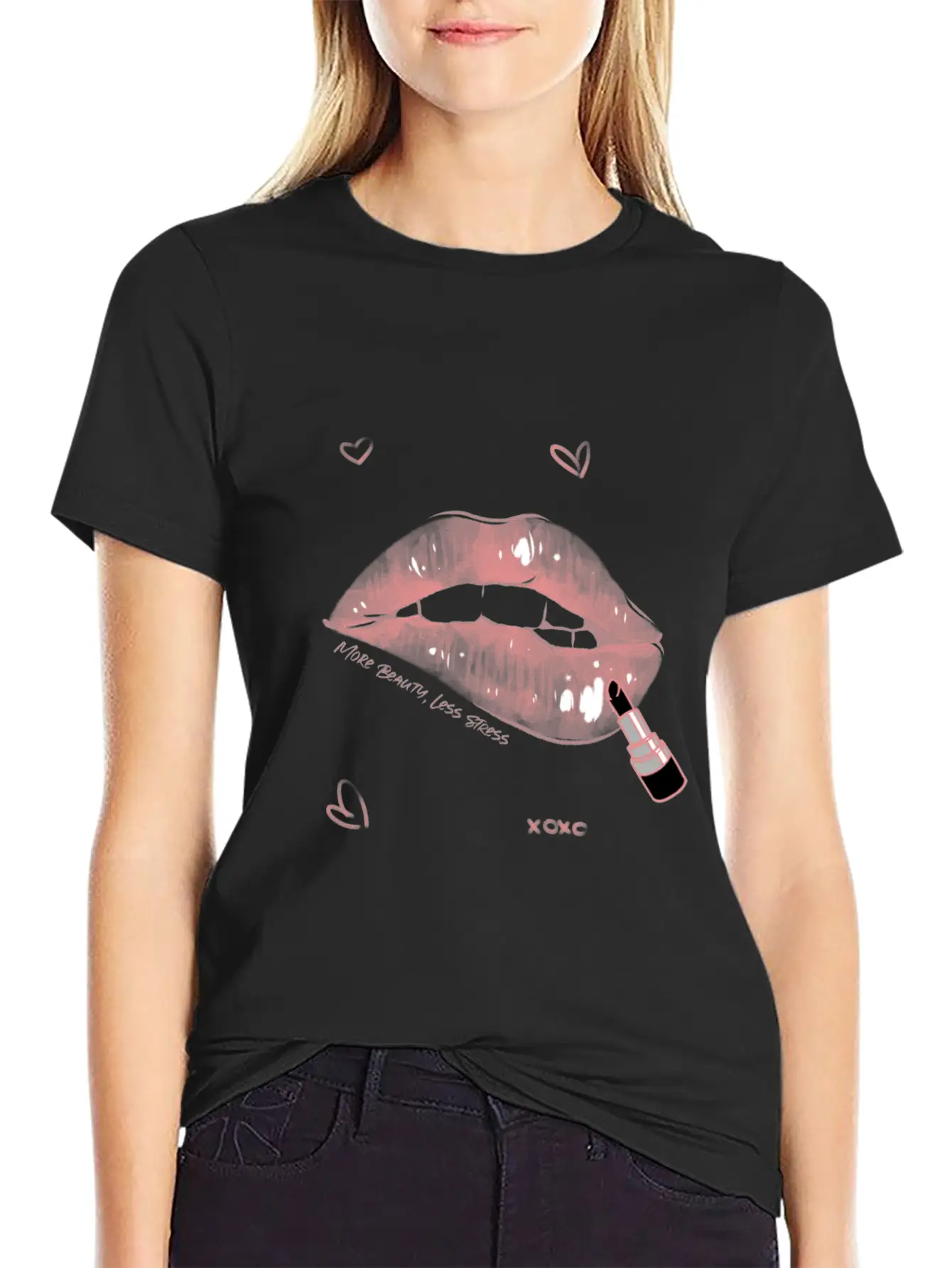 More Beauty, Less Stress Lip Design Unisex Short Sleeve Soft Cotton T-Shirt – Casual Everyday Wear
