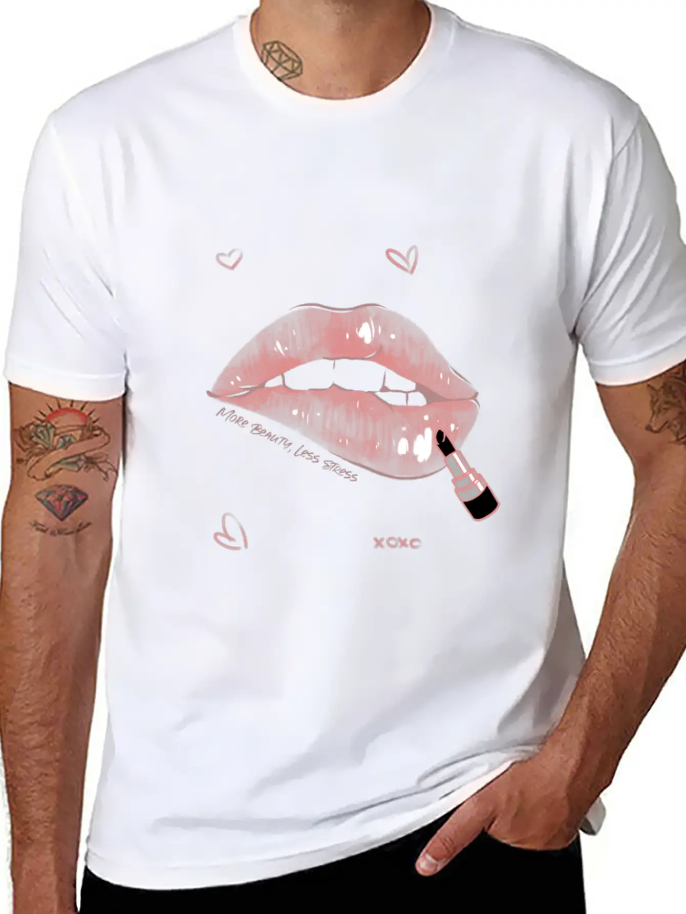 More Beauty, Less Stress Lip Design Unisex Short Sleeve Soft Cotton T-Shirt – Casual Everyday Wear