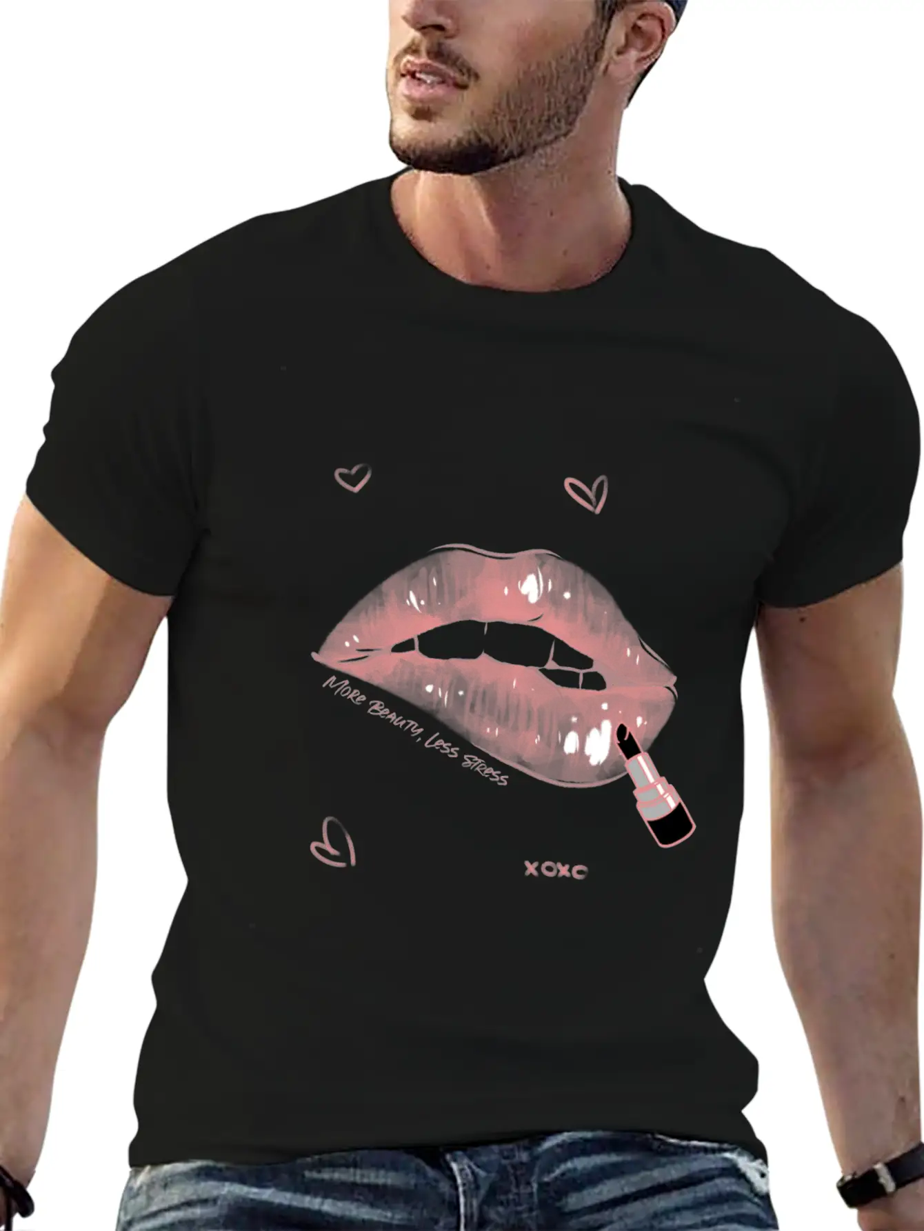 More Beauty, Less Stress Lip Design Unisex Short Sleeve Soft Cotton T-Shirt – Casual Everyday Wear