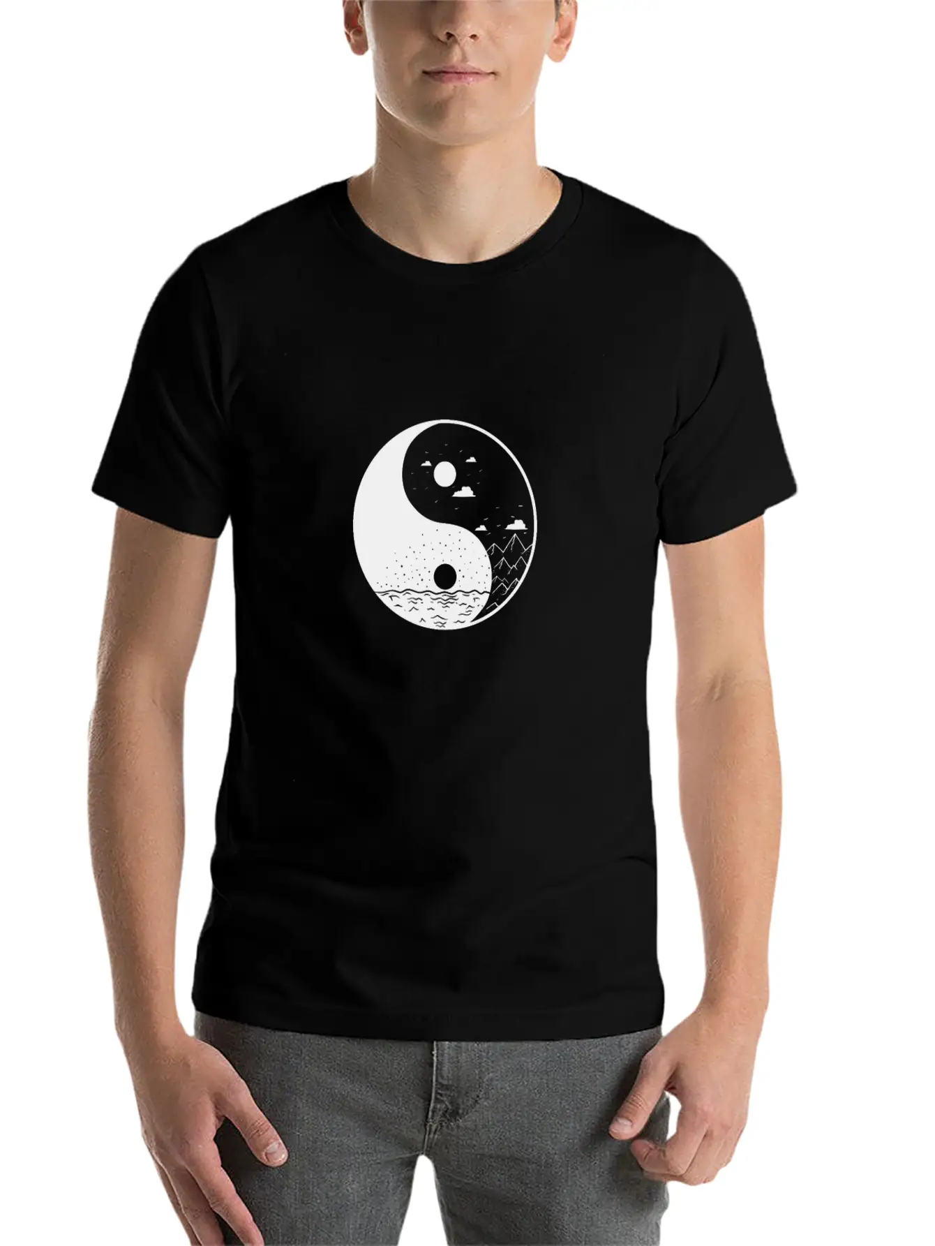 Mountains Yin And Yang Symbol Sign Comfortable Minimalist Graphic Tee – Summer Style Essential