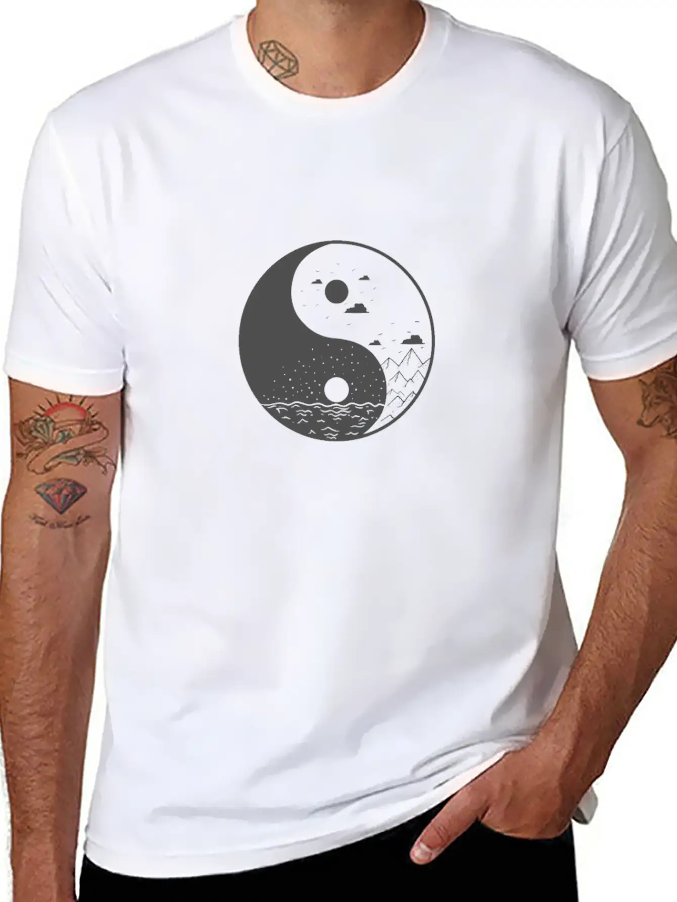 Mountains Yin And Yang Symbol Sign Comfortable Minimalist Graphic Tee – Summer Style Essential