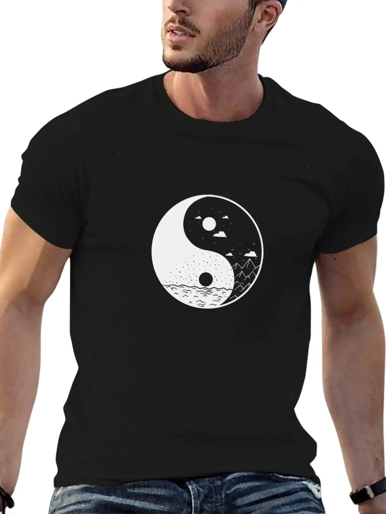Mountains Yin And Yang Symbol Sign Comfortable Minimalist Graphic Tee – Summer Style Essential
