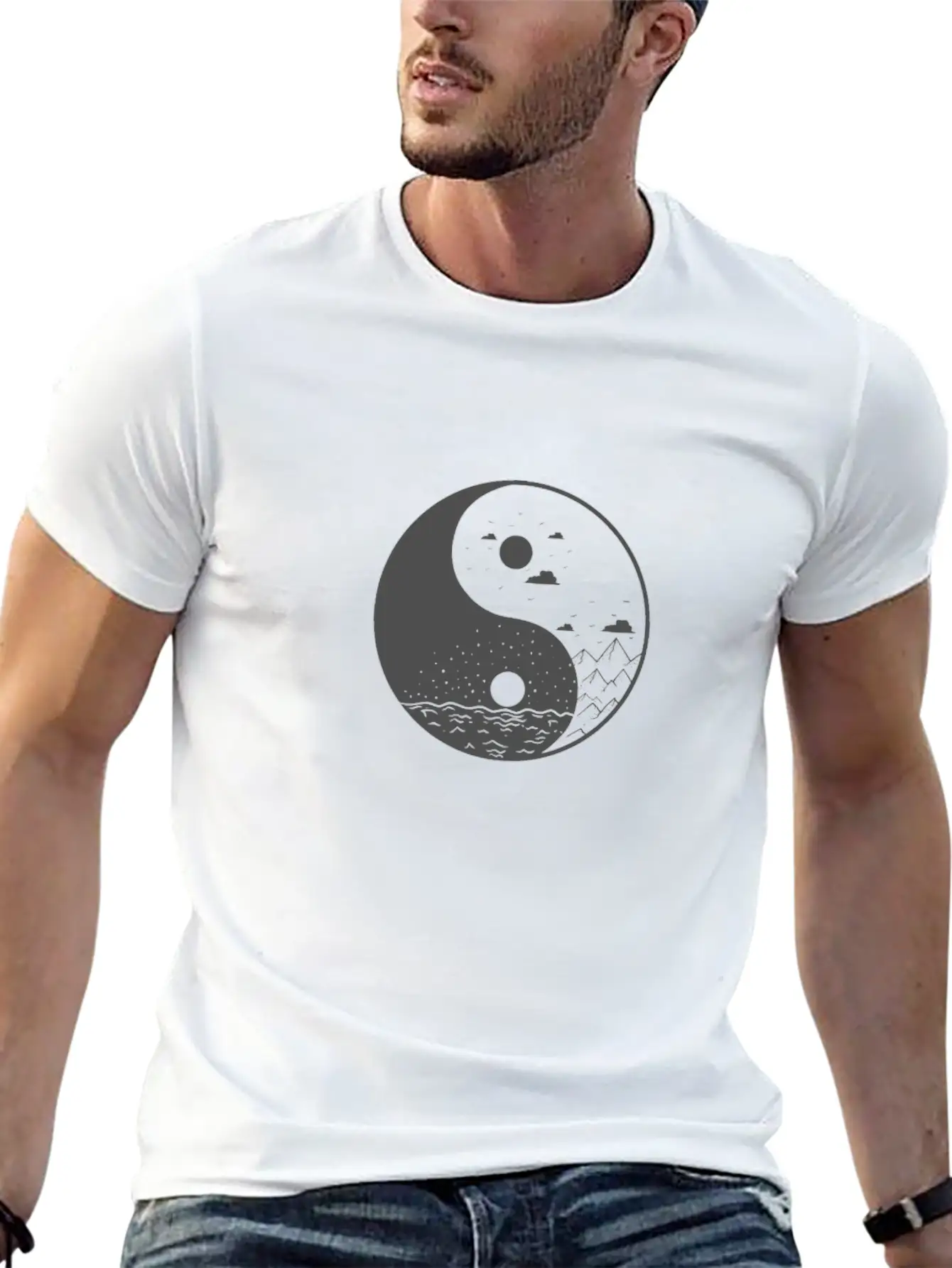 Mountains Yin And Yang Symbol Sign Comfortable Minimalist Graphic Tee – Summer Style Essential