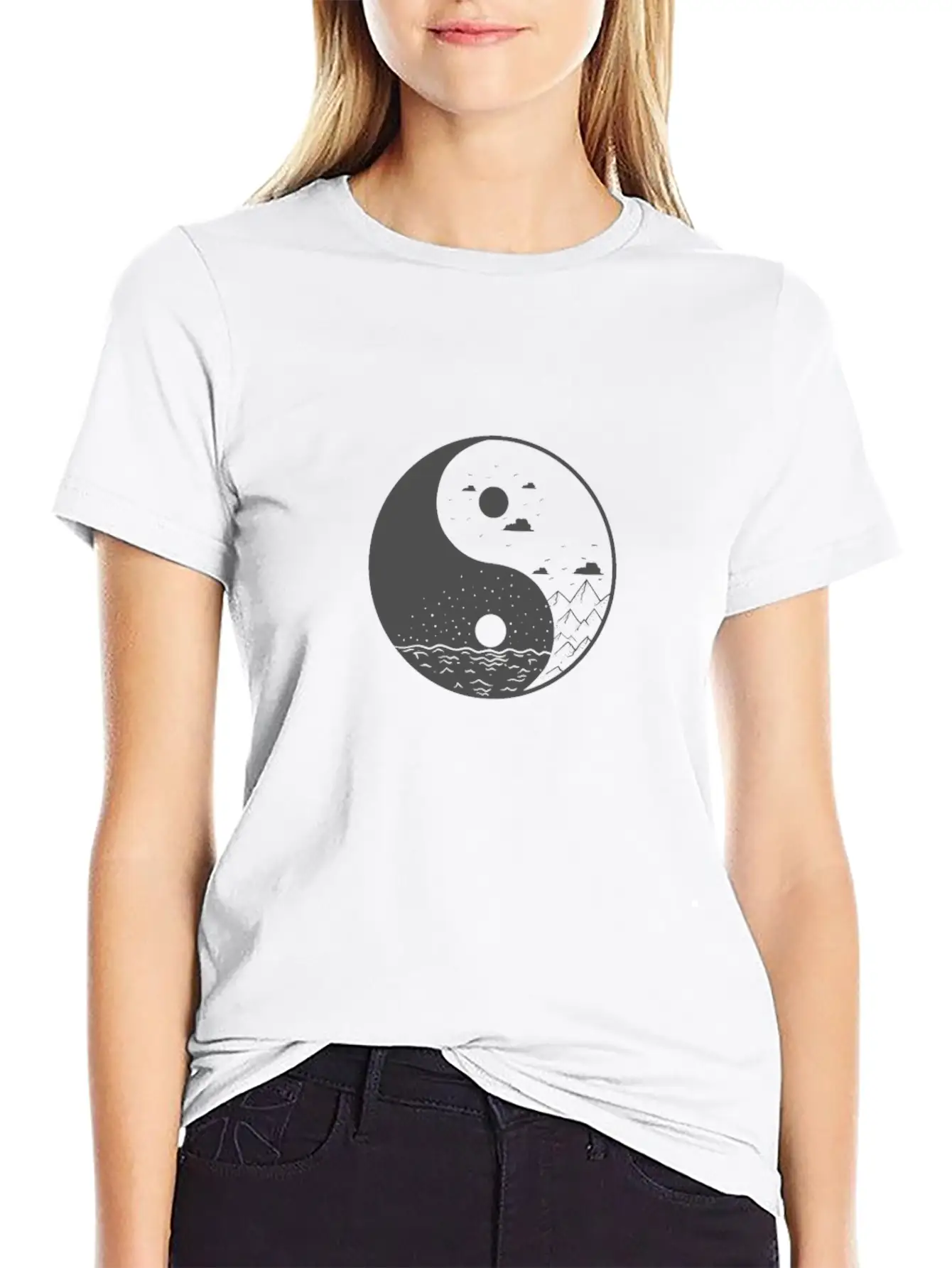 Mountains Yin And Yang Symbol Sign Comfortable Minimalist Graphic Tee – Summer Style Essential