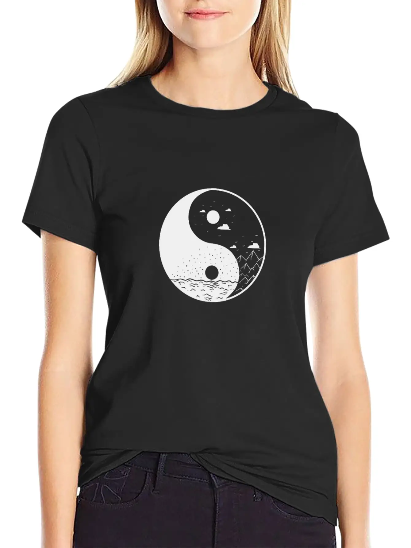 Mountains Yin And Yang Symbol Sign Comfortable Minimalist Graphic Tee – Summer Style Essential