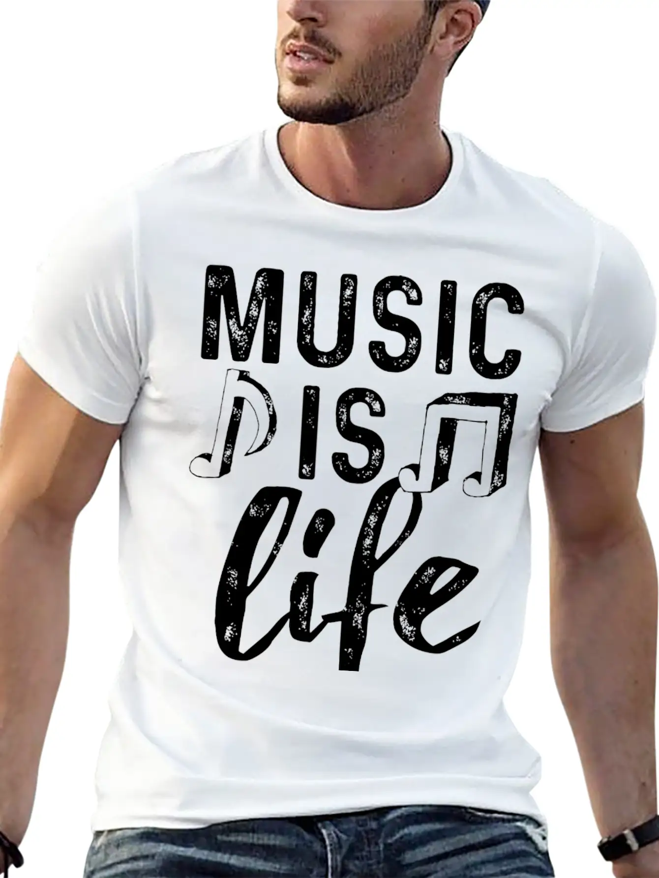 Music Is Life2 Weiss Stylish Everyday T-Shirt – Unisex Basic Cotton Tee