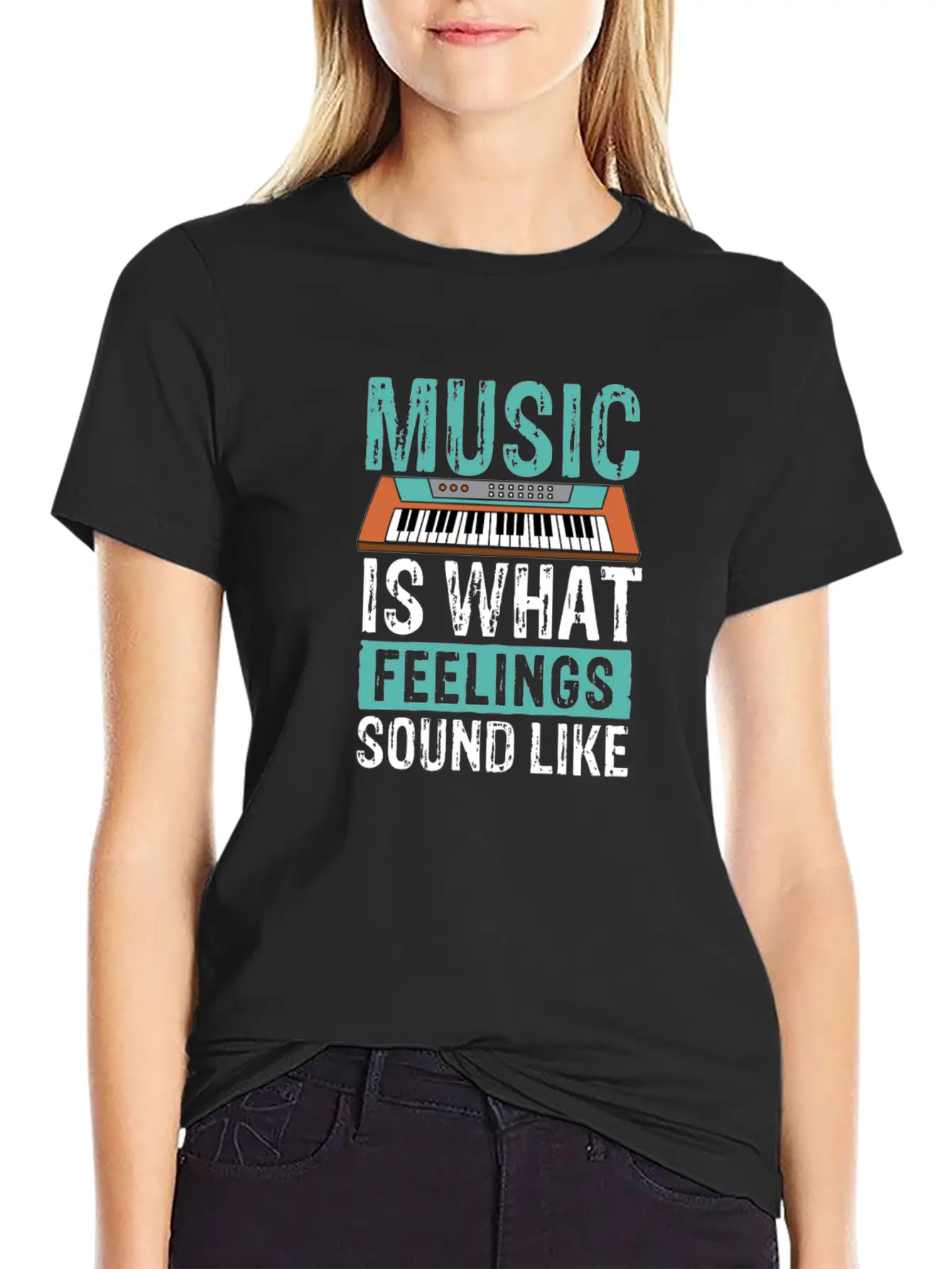 Music Is What Feelings Sound Like Keyboard Piano Stylish Everyday T-Shirt – Unisex Basic Cotton Tee