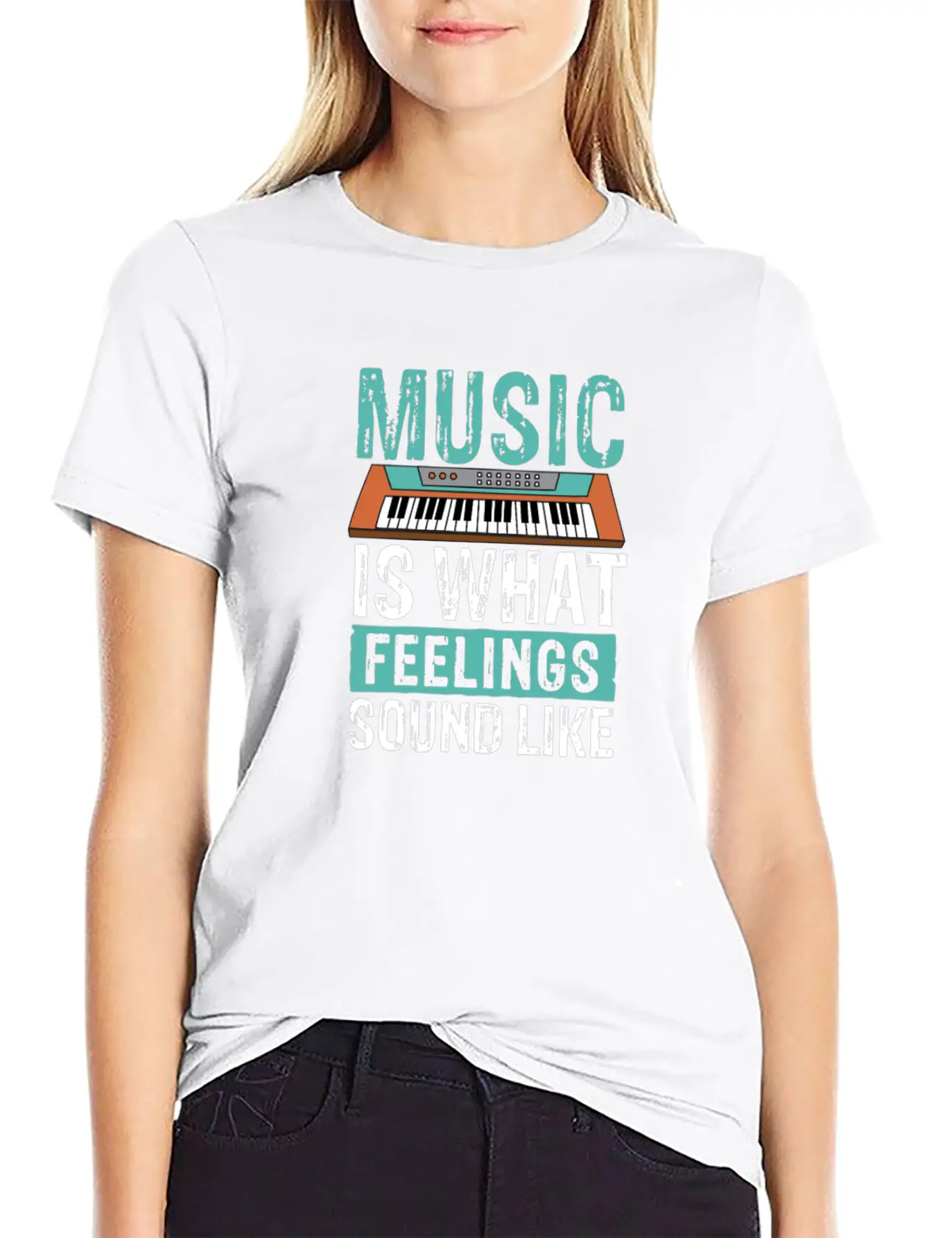 Music Is What Feelings Sound Like Keyboard Piano Stylish Everyday T-Shirt – Unisex Basic Cotton Tee