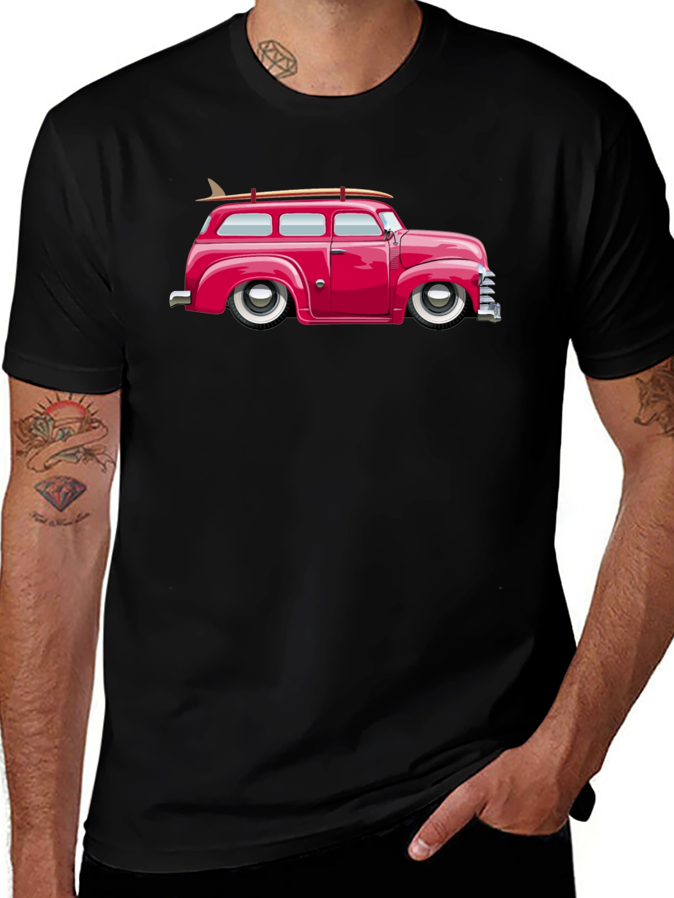 Classic Car Surfboard Tee - Retro Black T-Shirt