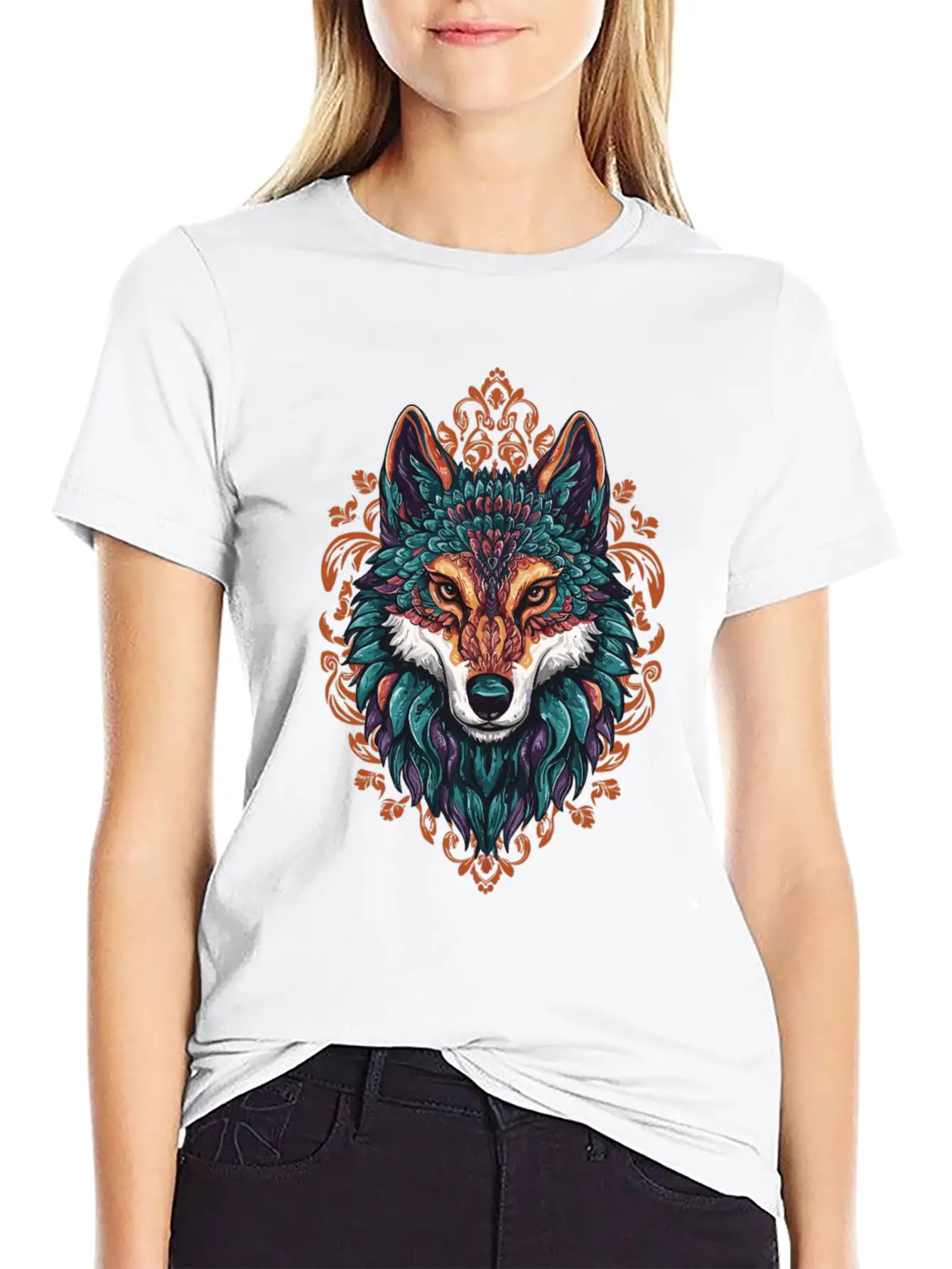 Mystic Wolf – Boho & Mandala Art Unisex Short Sleeve Soft Cotton T-Shirt – Casual Everyday Wear