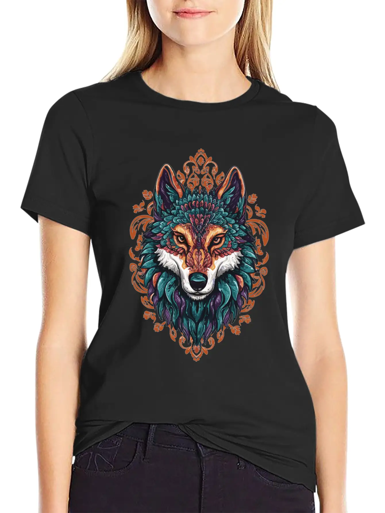 Mystic Wolf – Boho & Mandala Art Unisex Short Sleeve Soft Cotton T-Shirt – Casual Everyday Wear