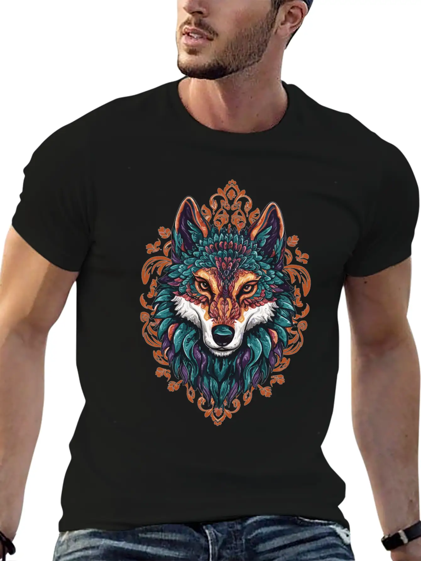 Mystic Wolf – Boho & Mandala Art Unisex Short Sleeve Soft Cotton T-Shirt – Casual Everyday Wear