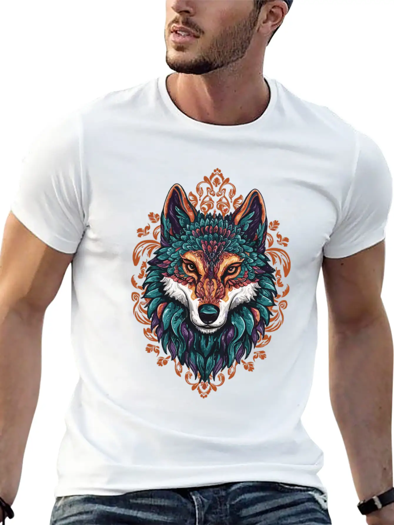 Mystic Wolf – Boho & Mandala Art Unisex Short Sleeve Soft Cotton T-Shirt – Casual Everyday Wear