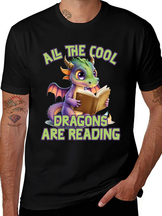 Cool Dragons Reading Black T-Shirt