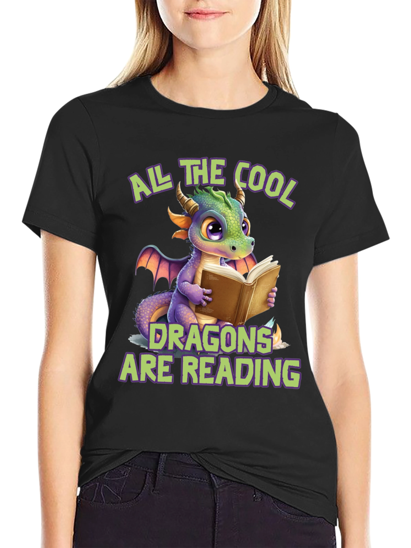 Cool Dragons Reading Black T-Shirt