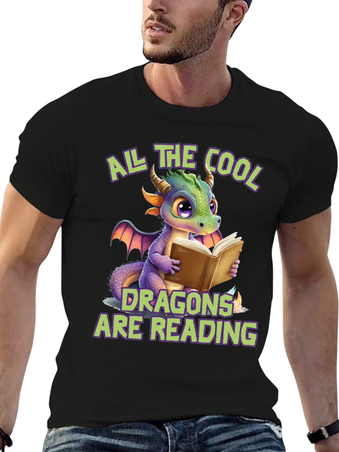 Cool Dragons Reading Black T-Shirt