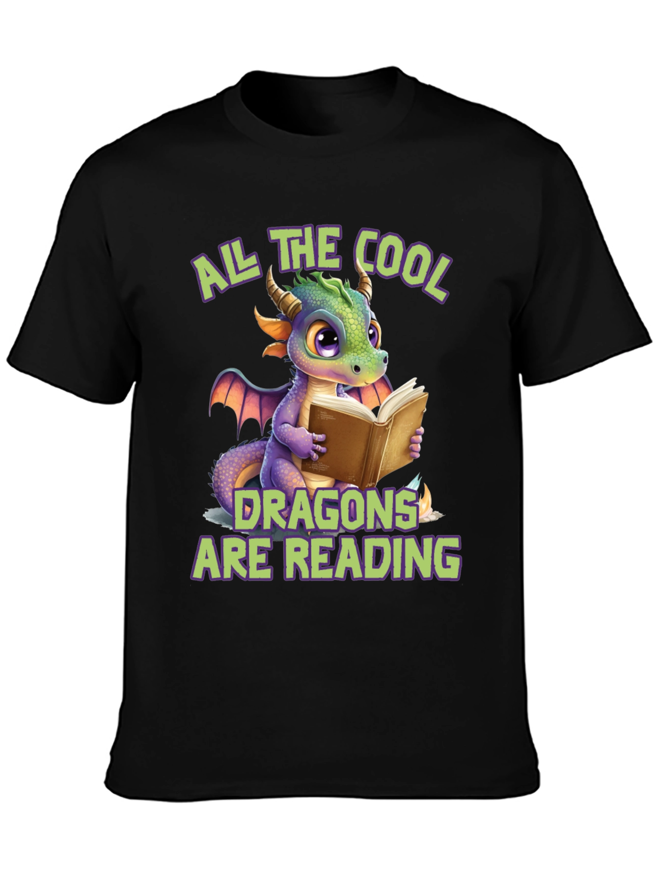 Cool Dragons Reading Black T-Shirt